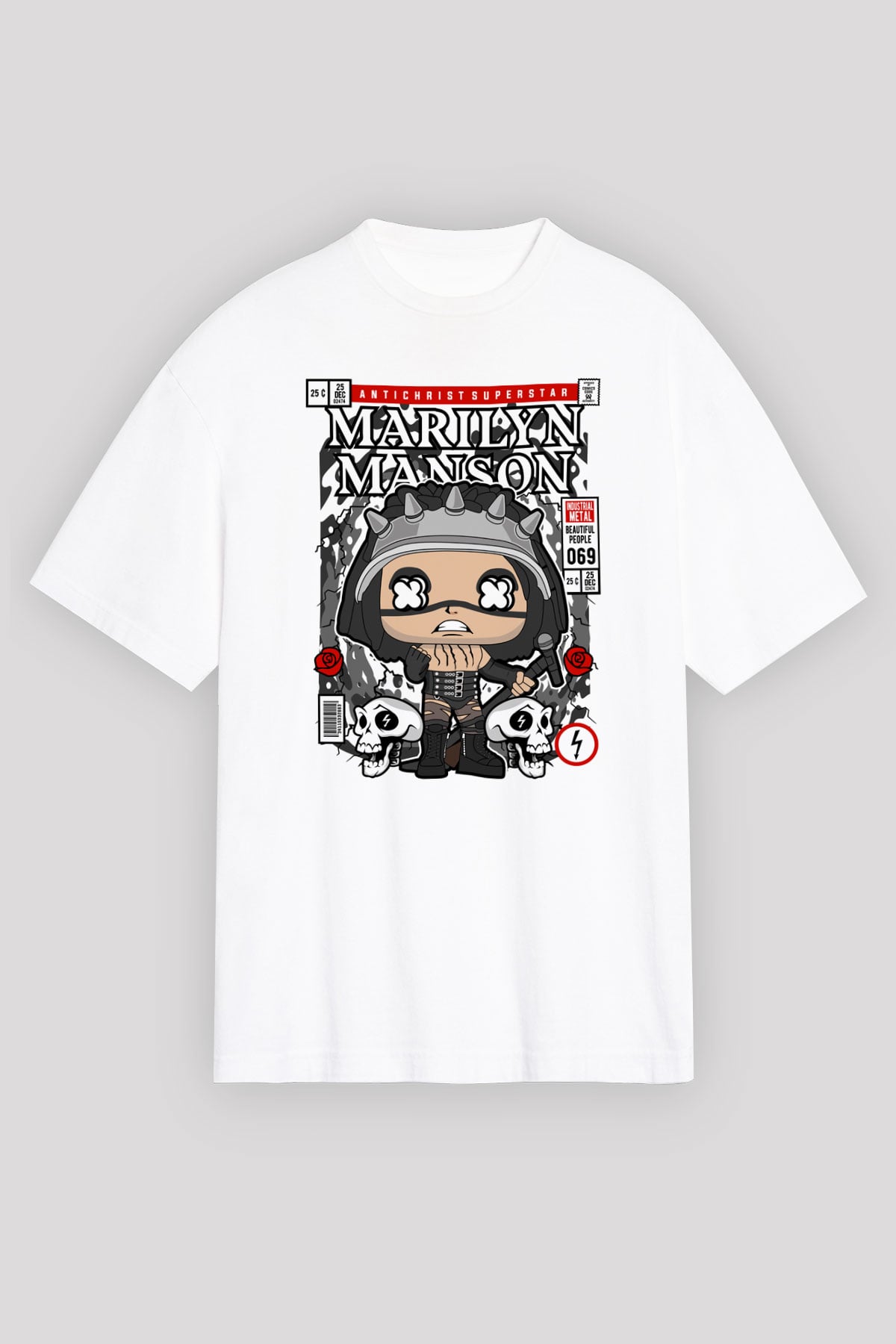Marilyn Manson Baskılı Unisex Beyaz Oversize Tişört
