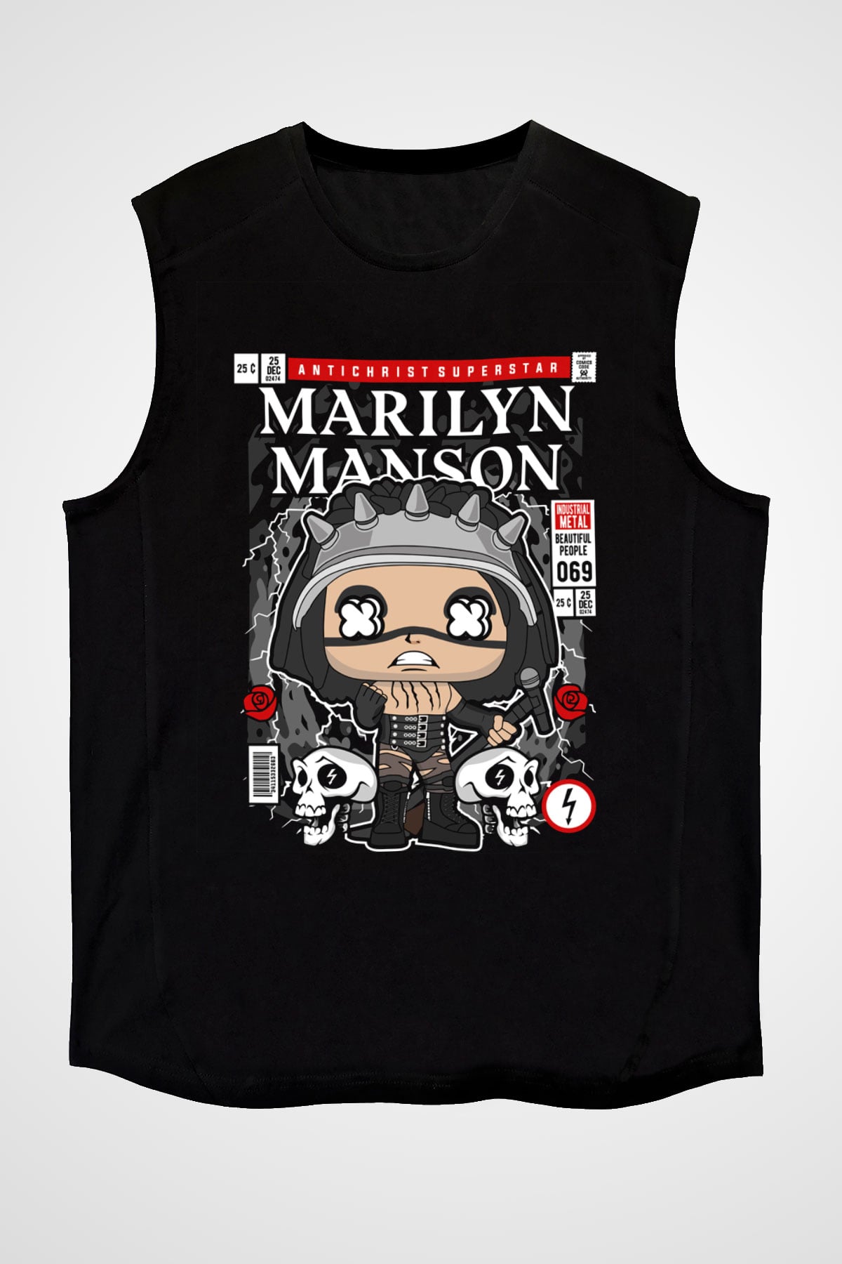 Marilyn Manson Baskılı Unisex Siyah Kolsuz Tişört