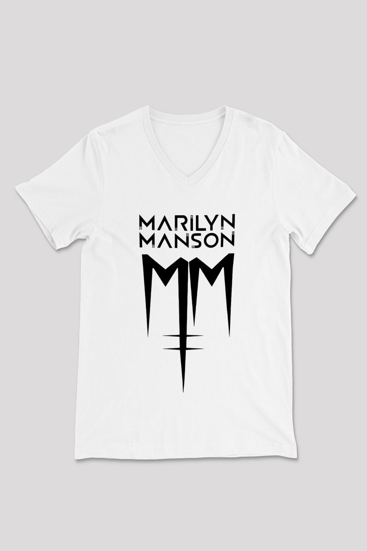Marilyn Manson Beyaz Unisex V Yaka Tişört T-Shirt