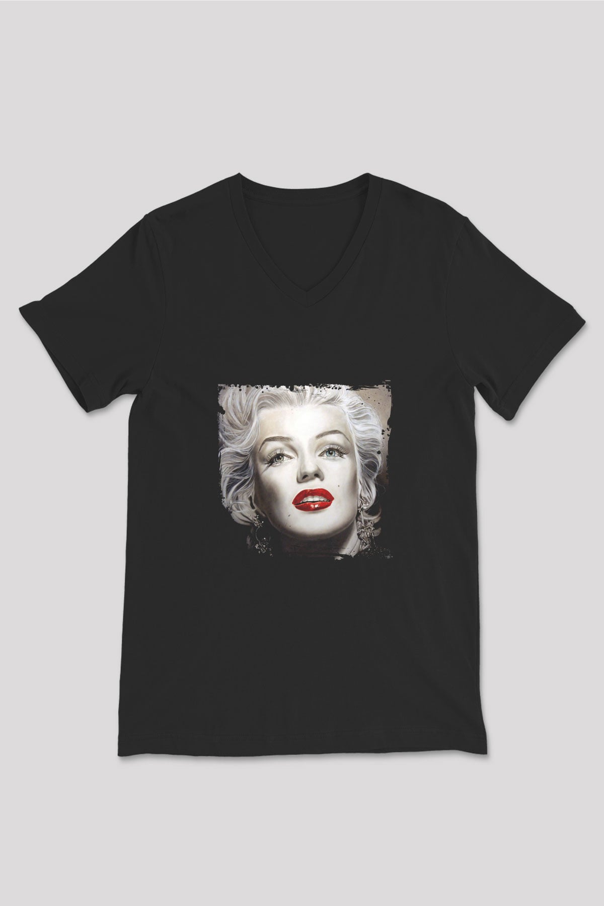Marilyn Monroe Baskılı Unisex Siyah V Yaka Tişört
