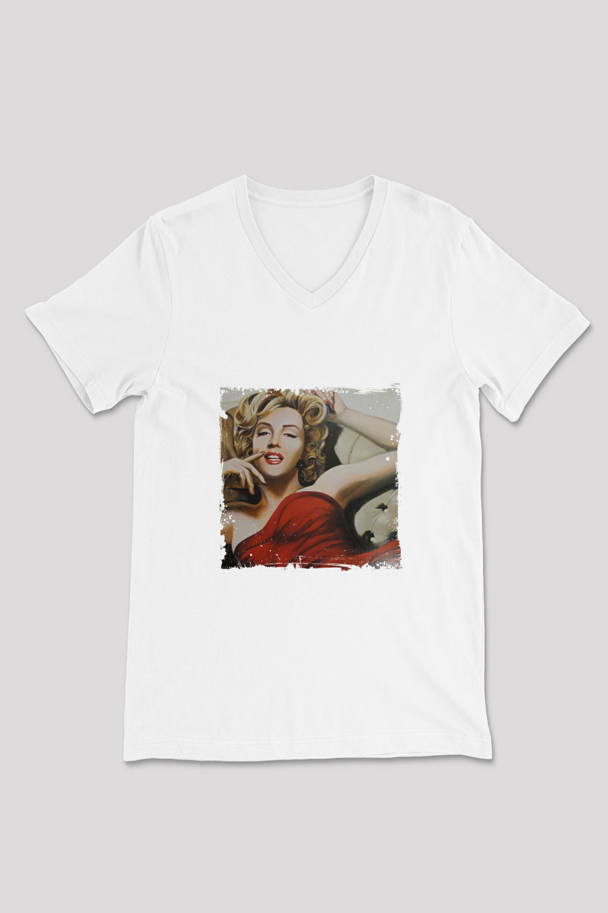 Marilyn Monroe Baskılı V Yaka Unisex Beyaz Tişört