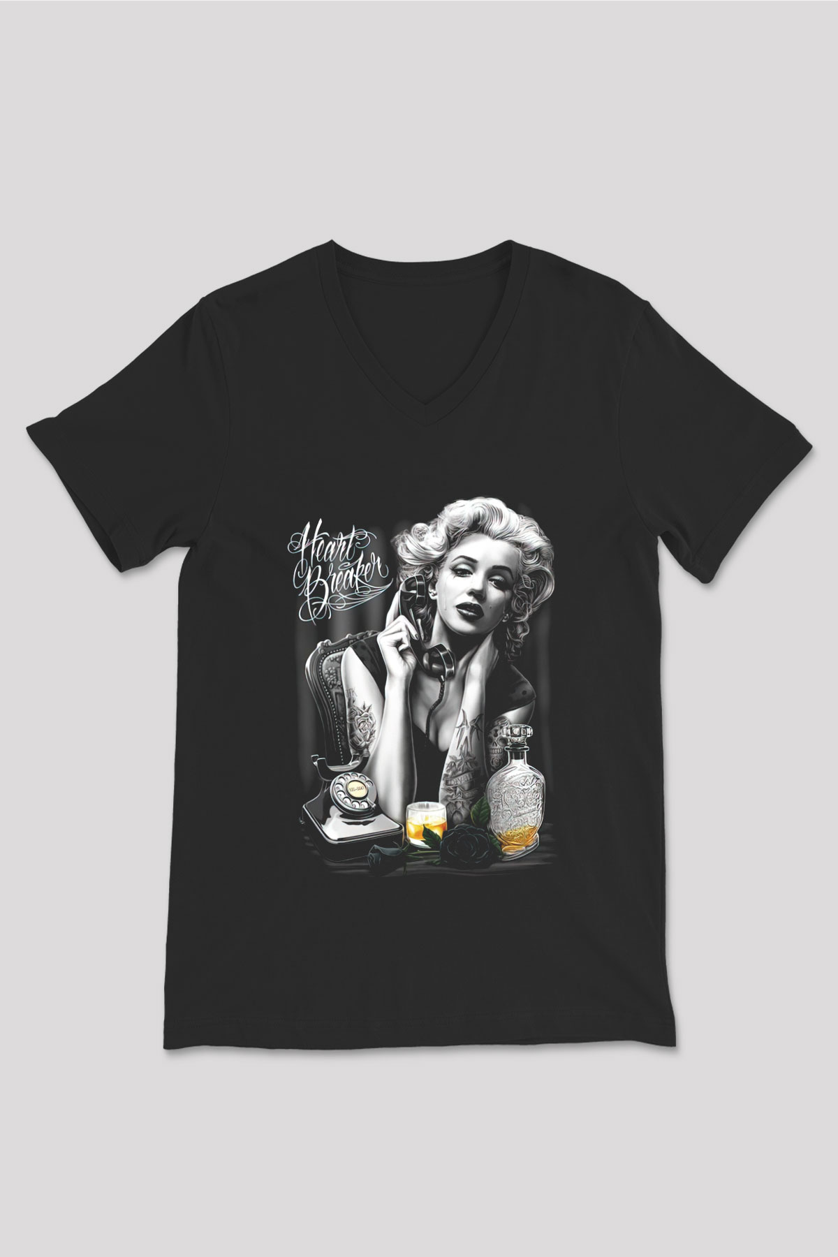 Marilyn Monroe Siyah Unisex V Yaka Tişört T-Shirt