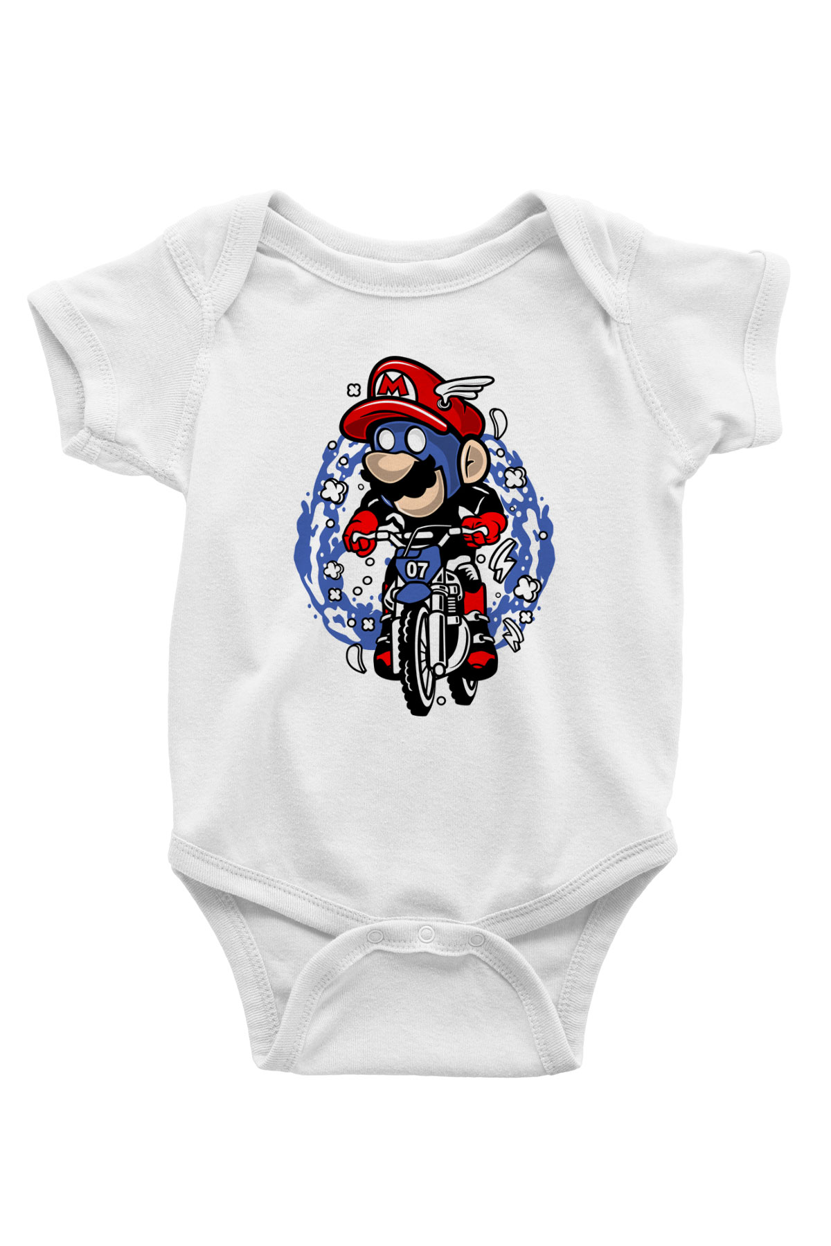 Mario Biker Baskılı Beyaz Unisex Bebek Body - Zıbın
