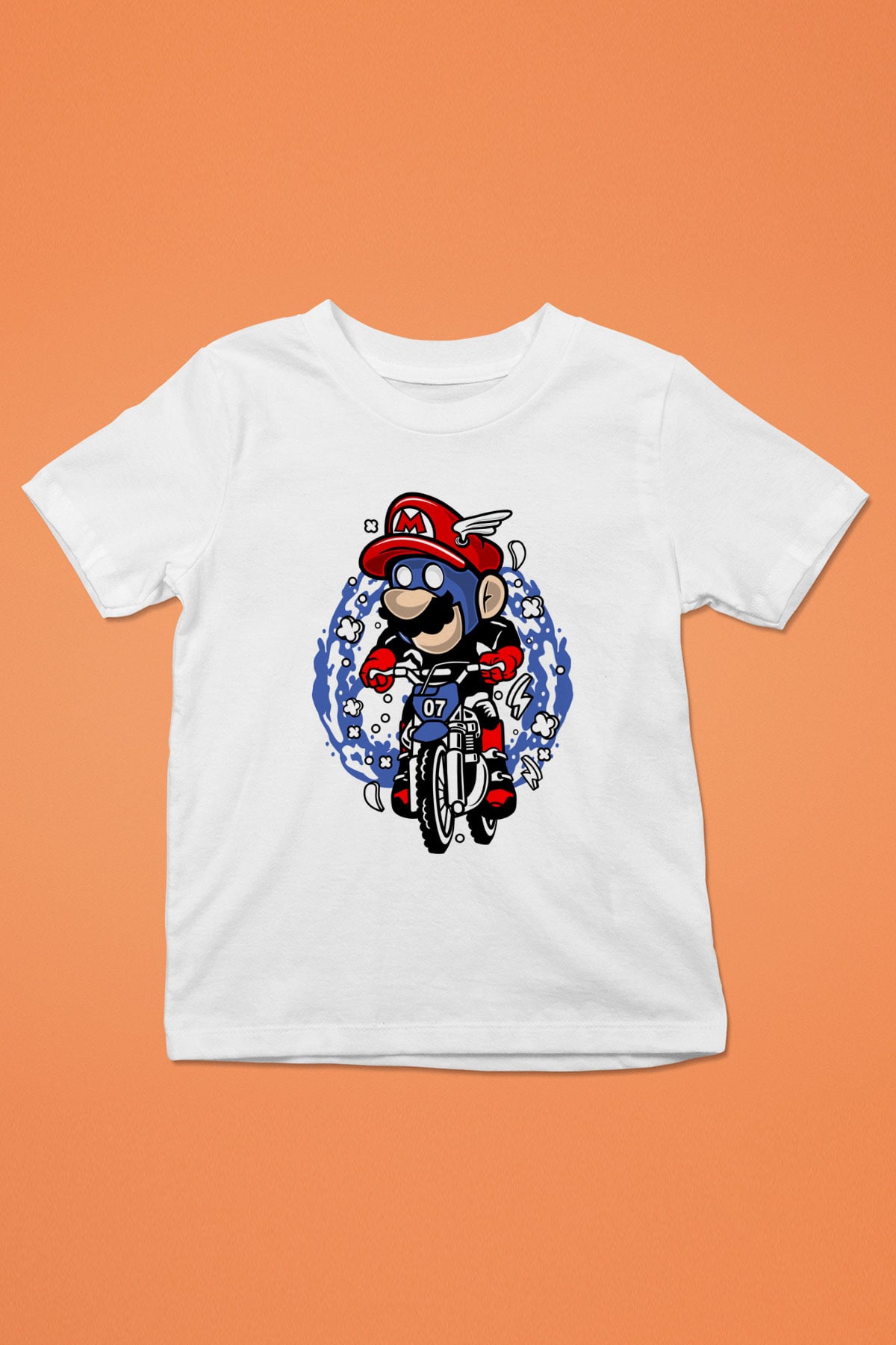 Mario Biker Baskılı Beyaz Unisex Çocuk Tişört