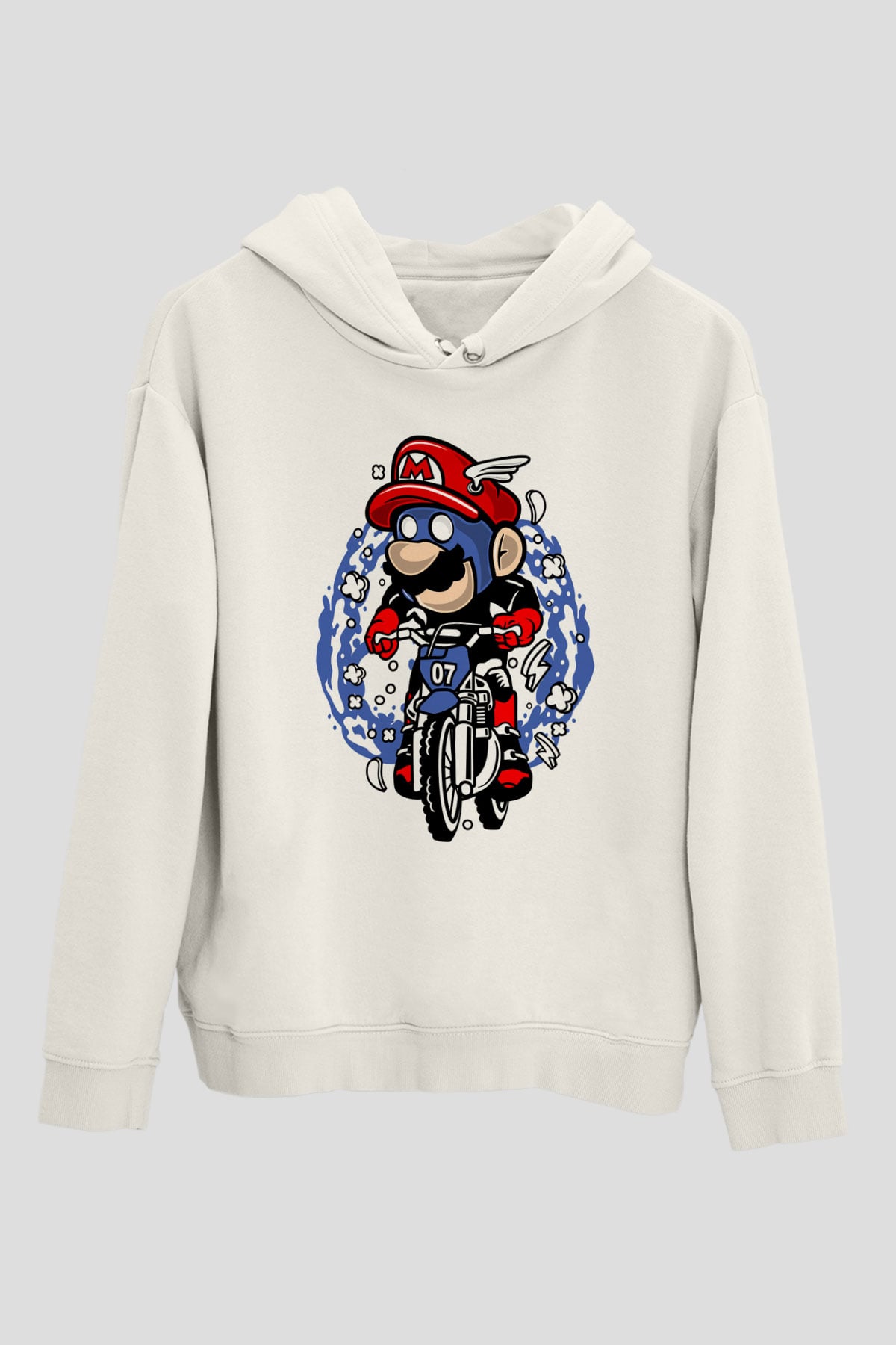 Mario Biker Baskılı Beyaz Unisex Hoodie