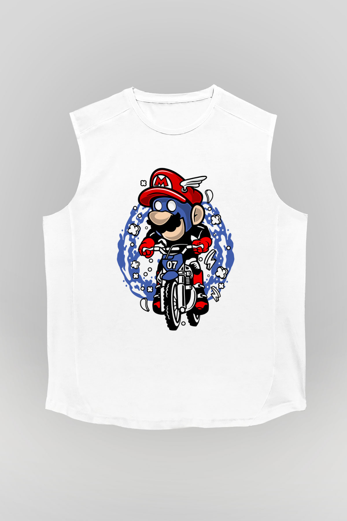 Mario Biker Baskılı Beyaz Unisex Kolsuz Tişört