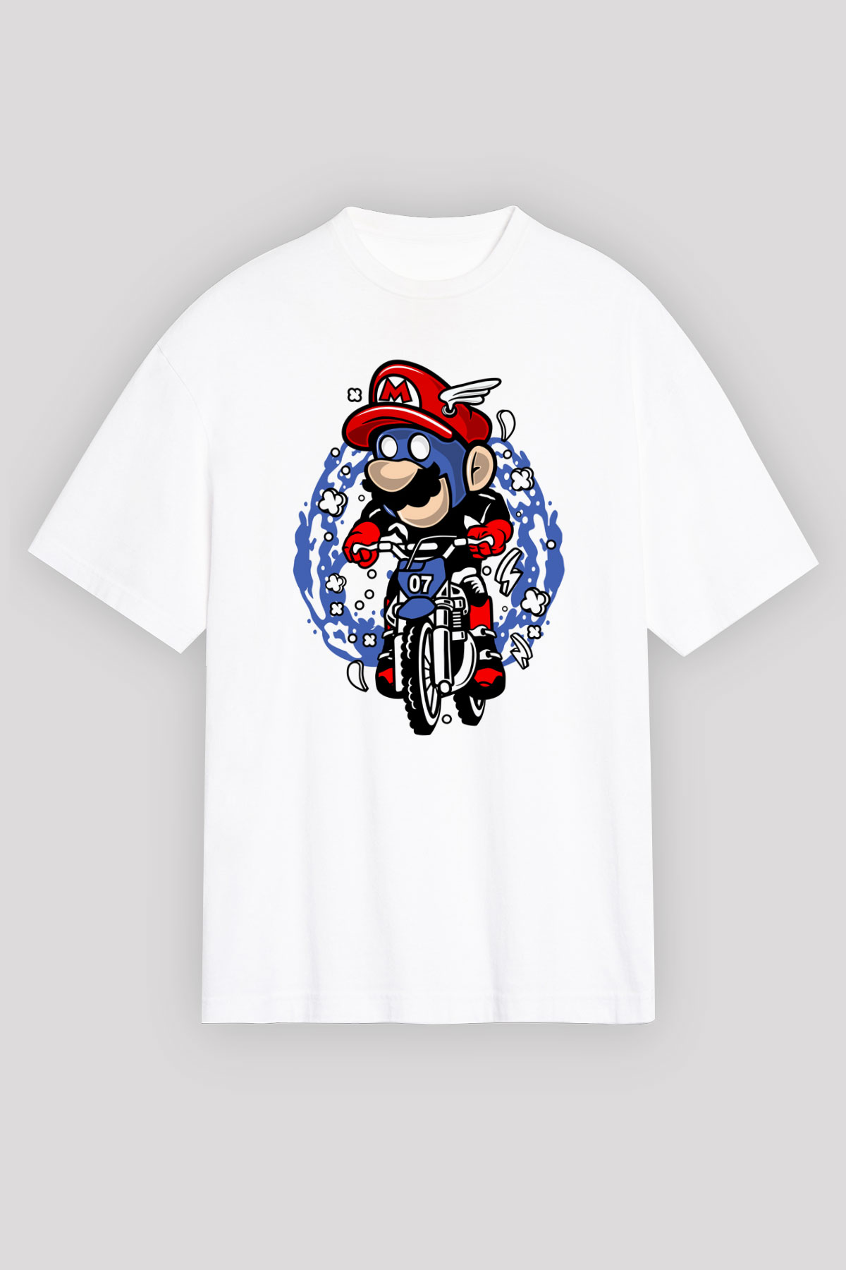 Mario Biker Baskılı Beyaz Unisex Oversize Tişört