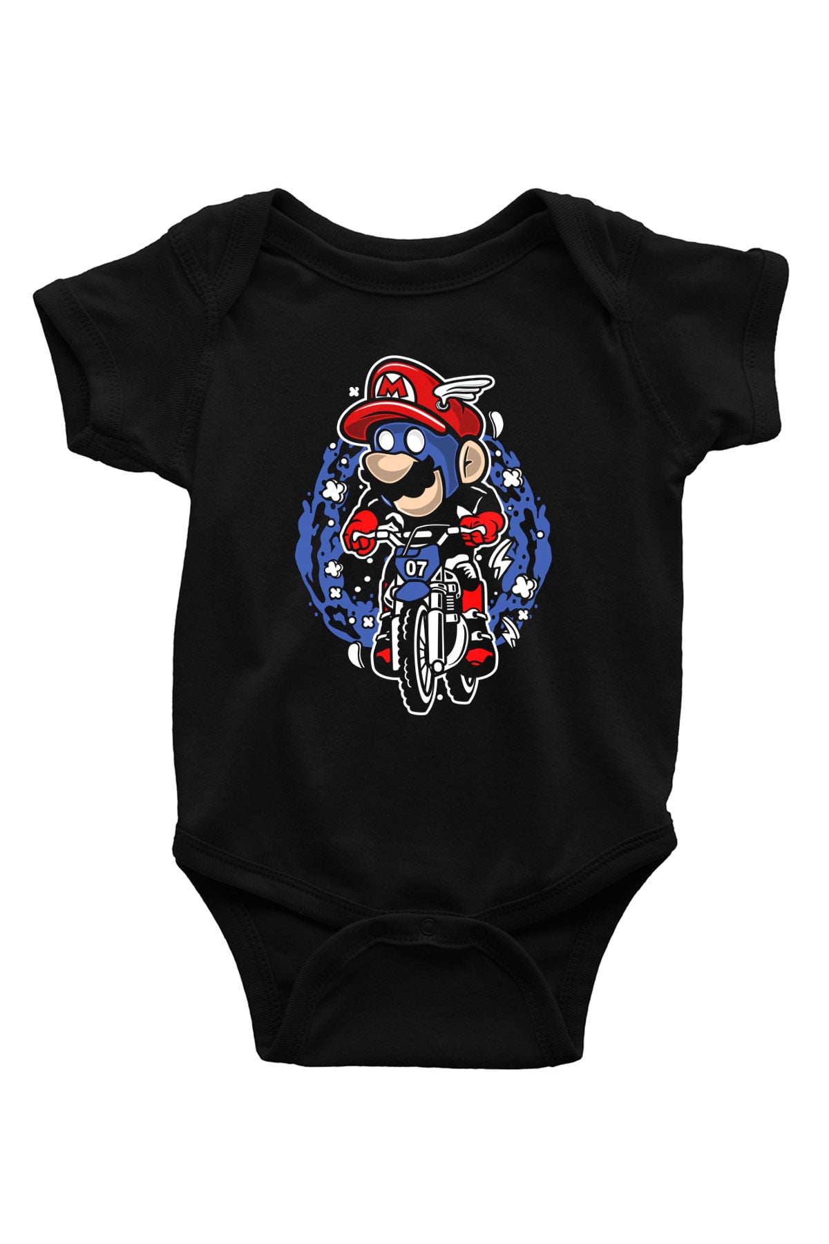 Mario Biker Baskılı Siyah Bebek Body - Zıbın