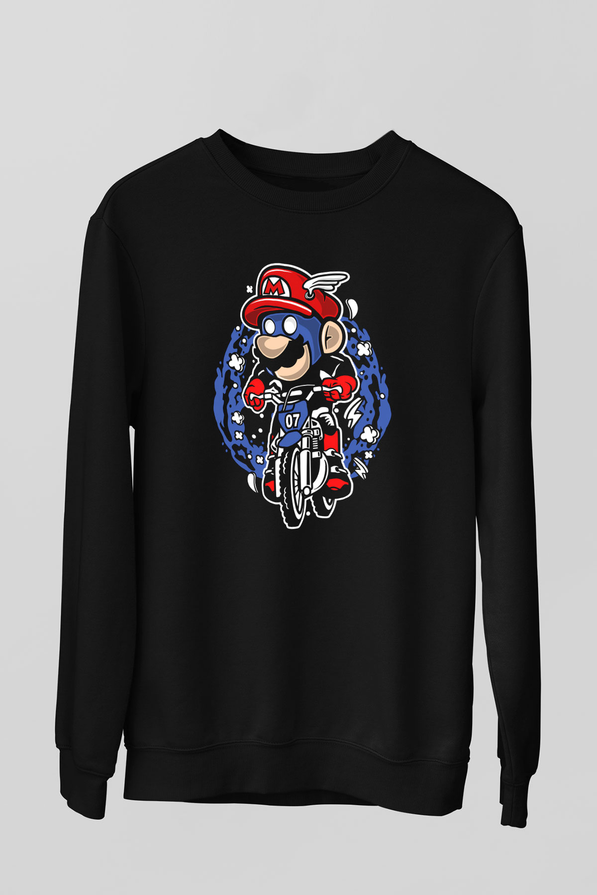 Mario Biker Baskılı Siyah Unisex Sweatshirt