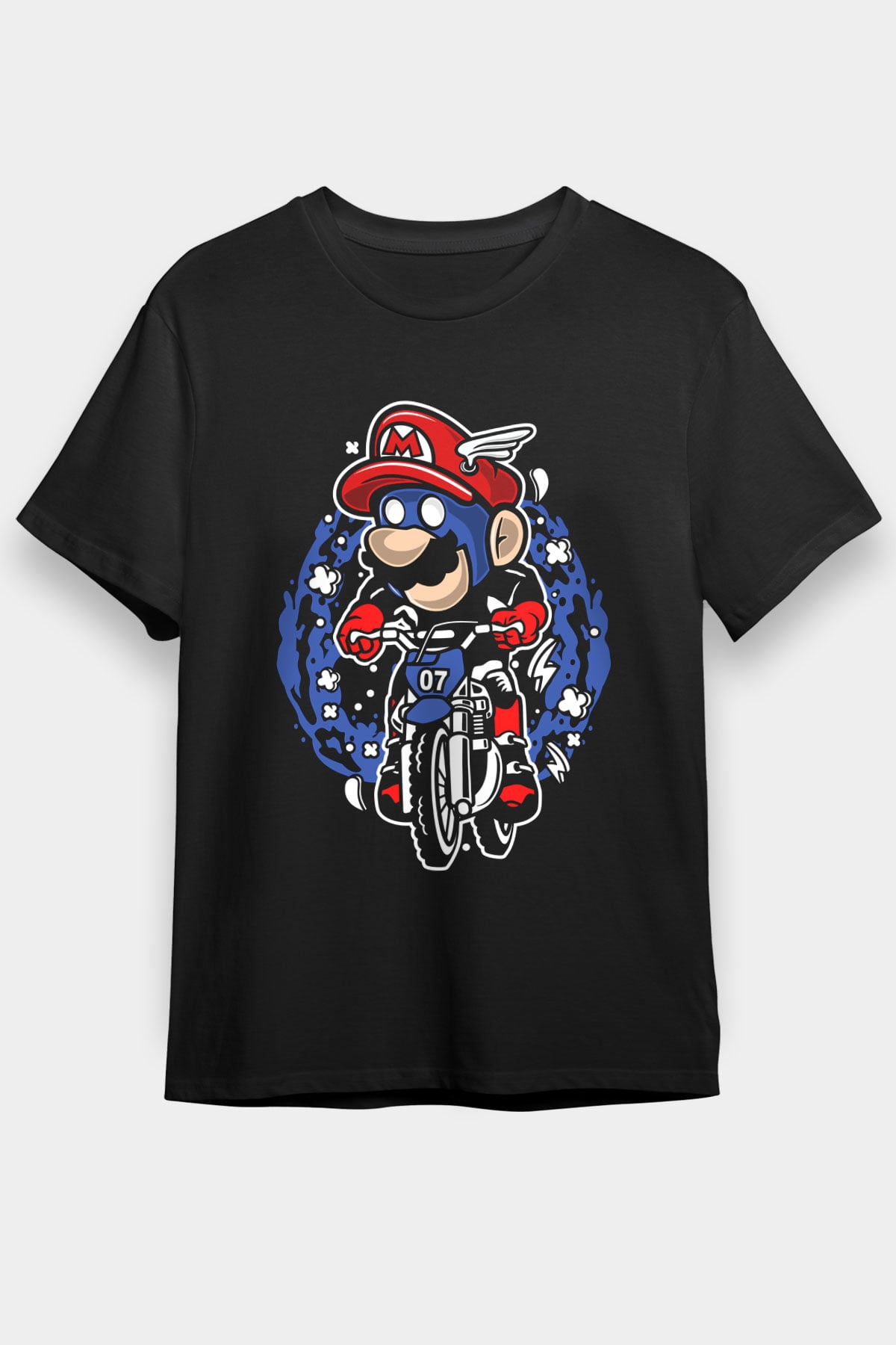 Mario Biker Baskılı Siyah Unisex Tişört