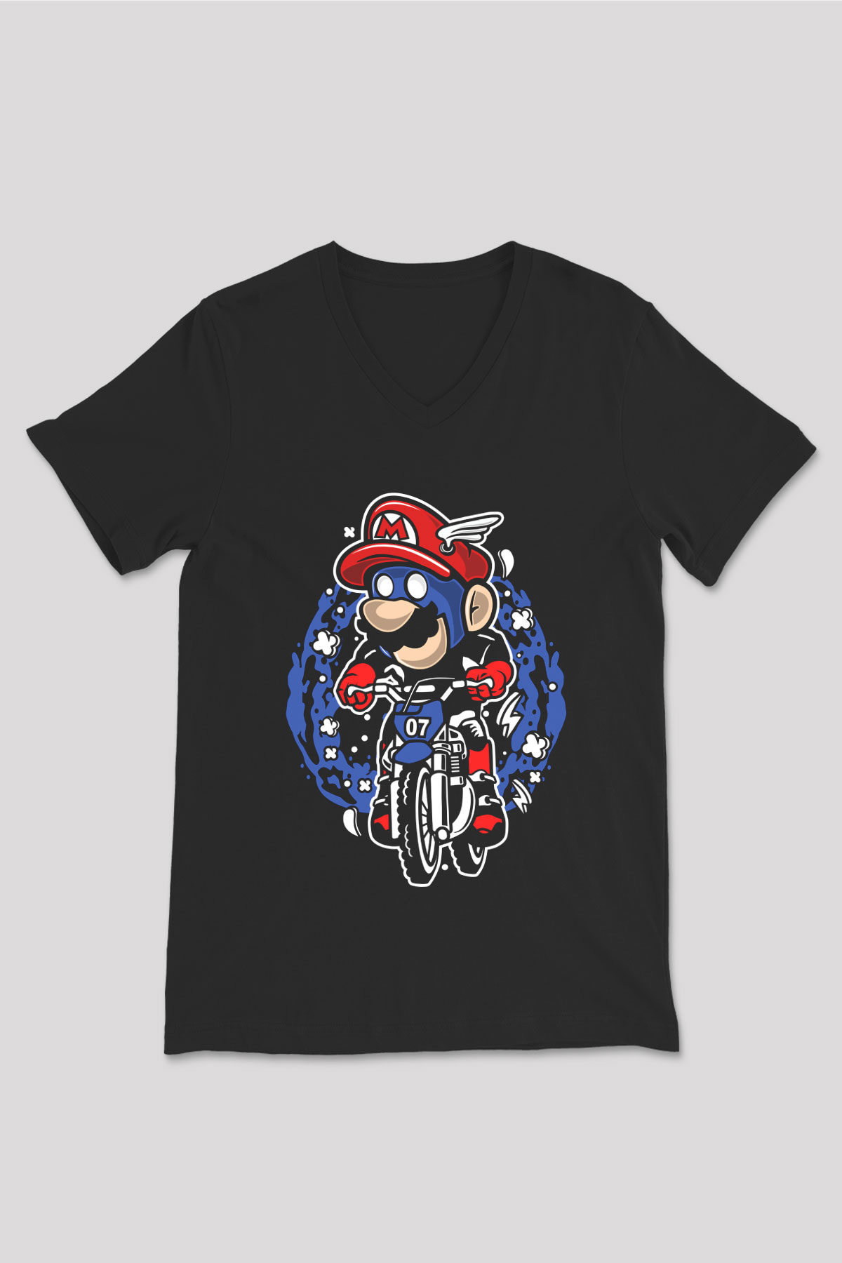 Mario Biker Baskılı Siyah Unisex V Yaka Tişört