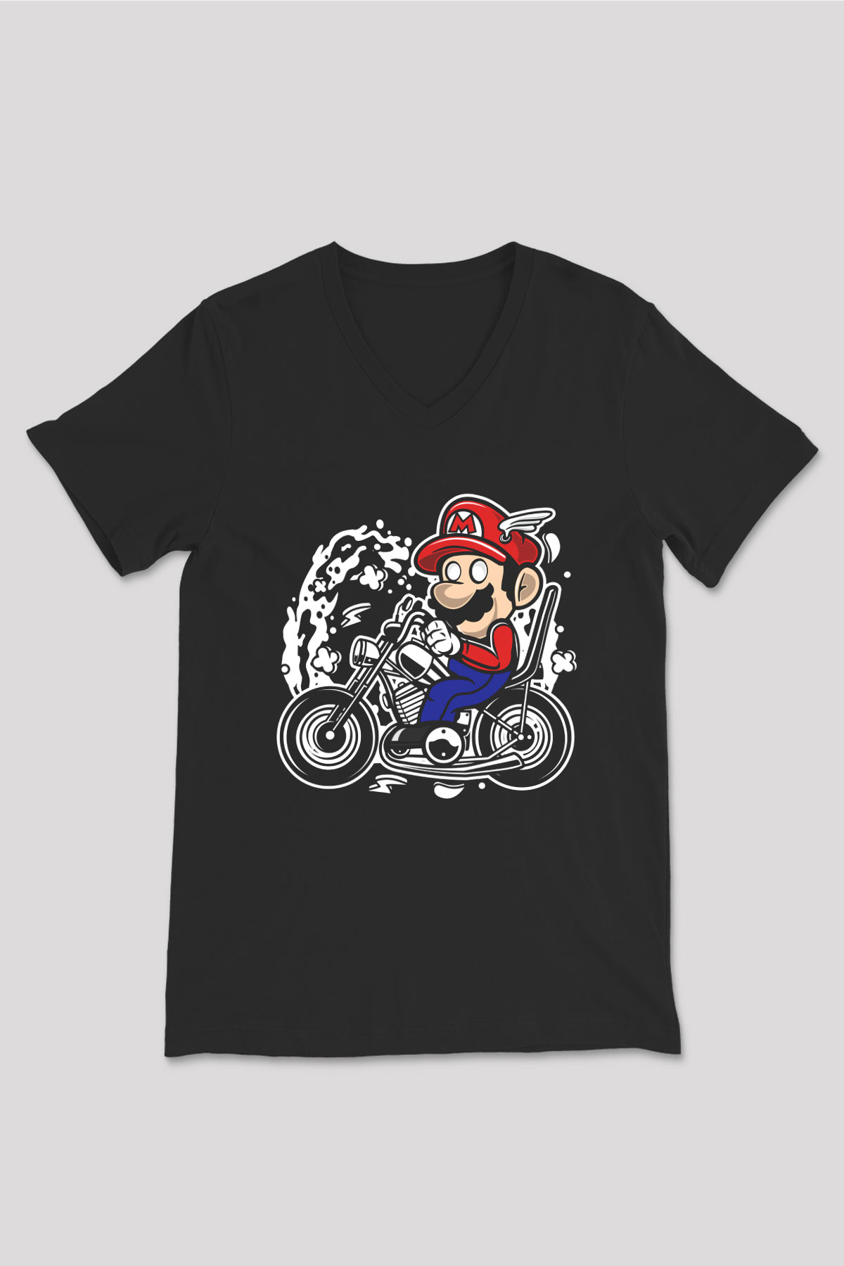 Mario Chopper Rider Siyah Unisex V Yaka Tişört
