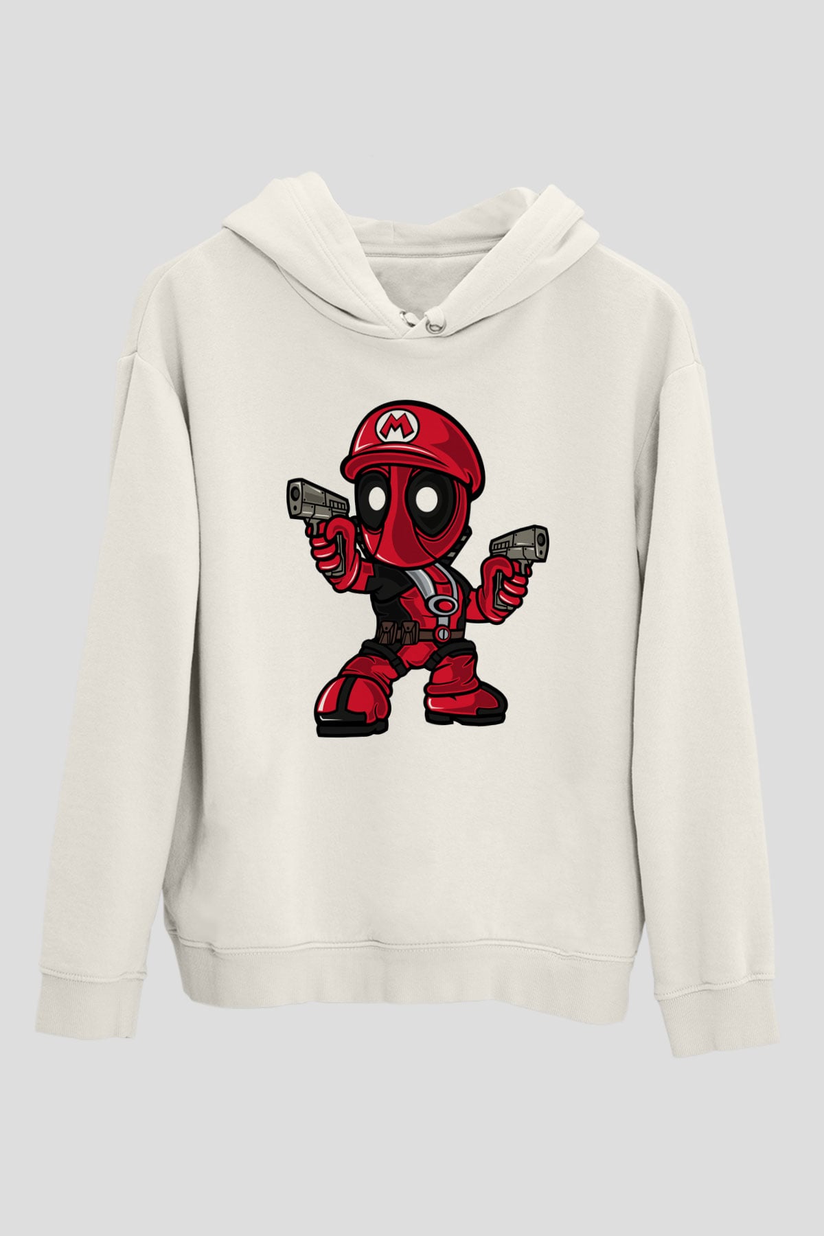 Mario Deadpool Baskılı Beyaz Unisex Hoodie