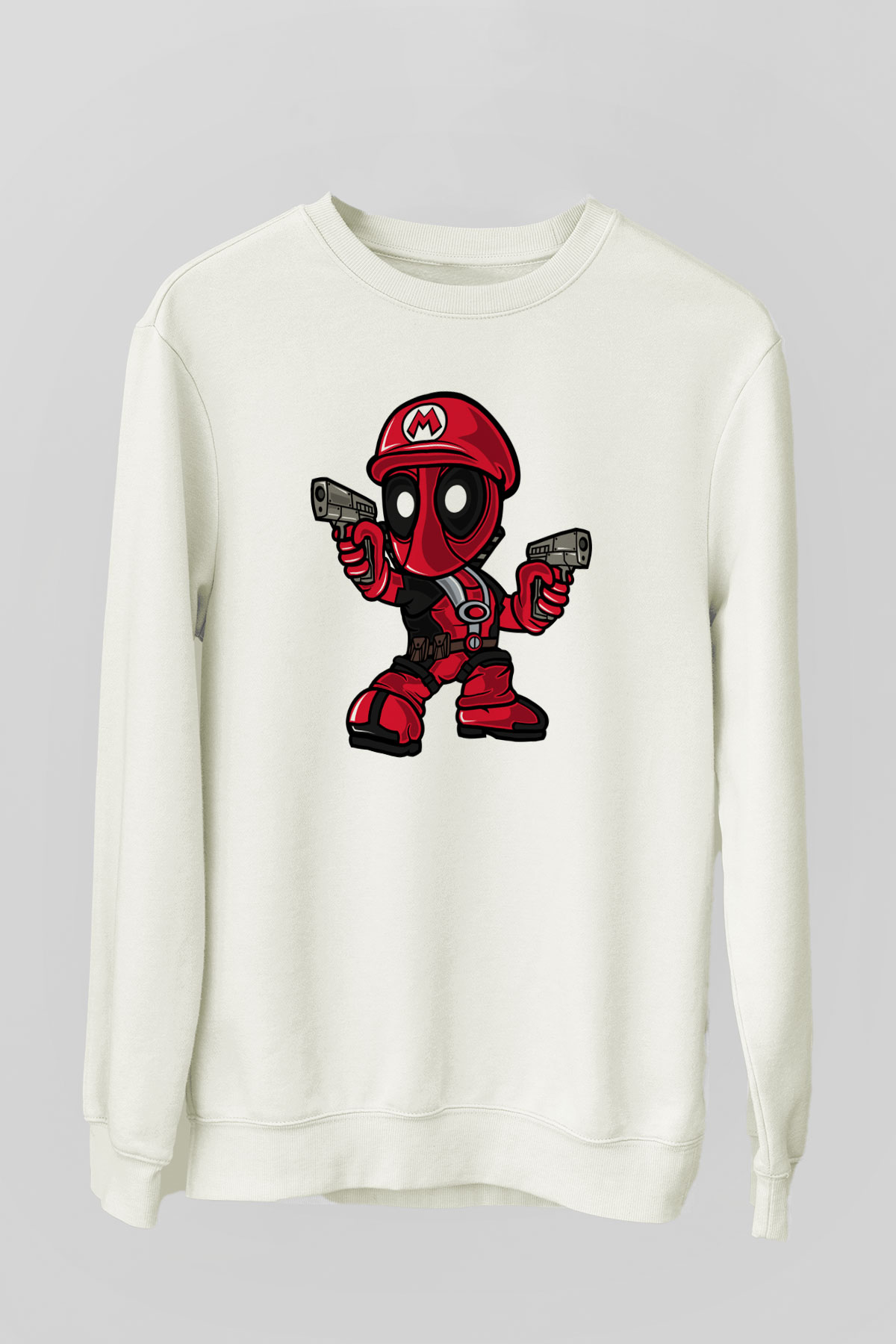 Mario Deadpool Baskılı Beyaz Unisex Sweatshirt