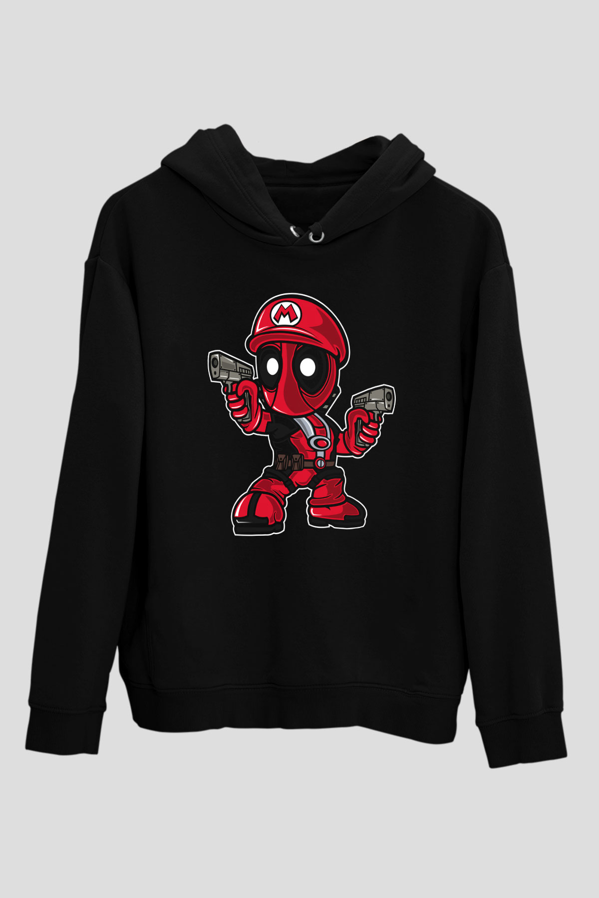 Mario Deadpool Baskılı Siyah Unisex Hoodie
