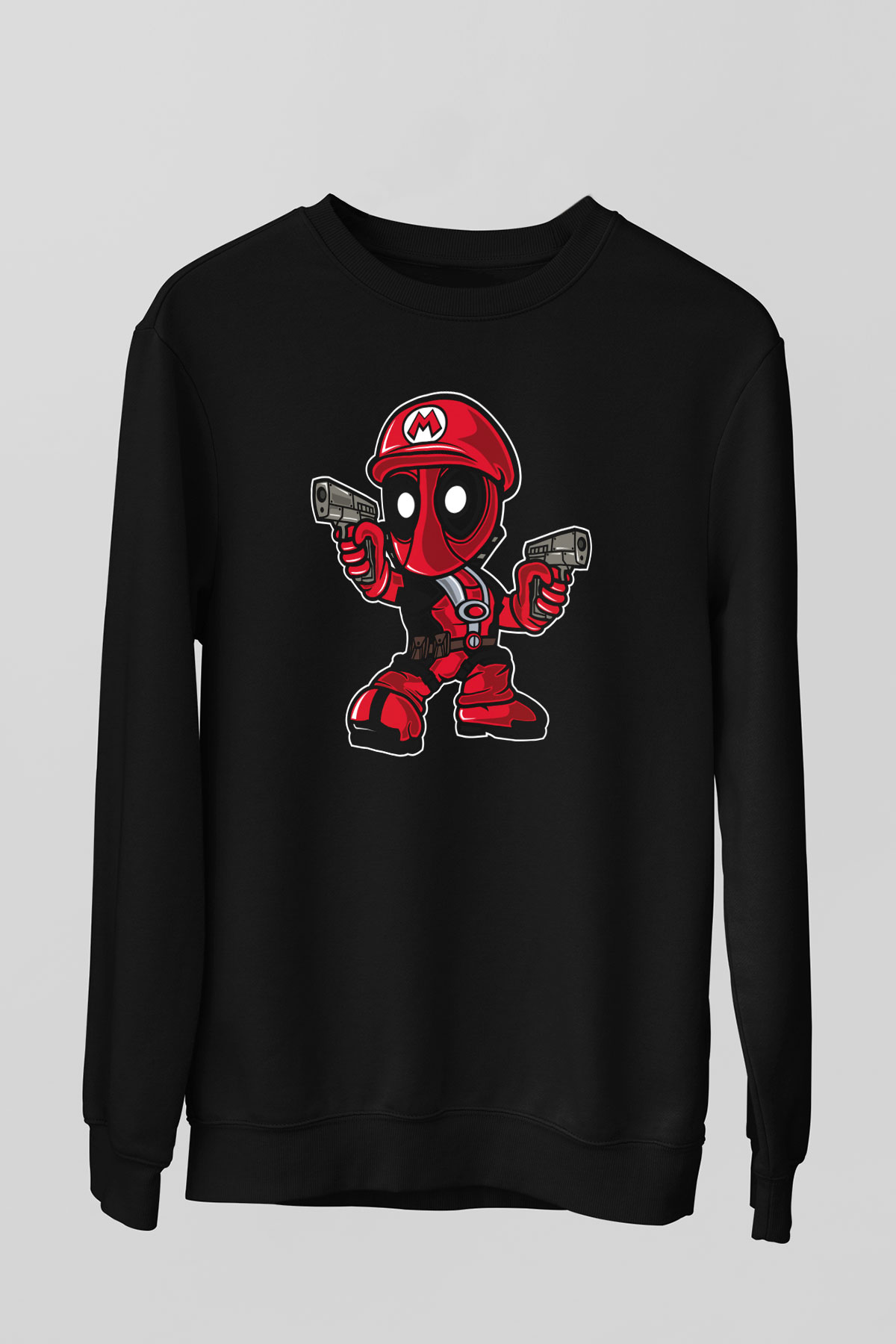 Mario Deadpool Baskılı Siyah Unisex Sweatshirt