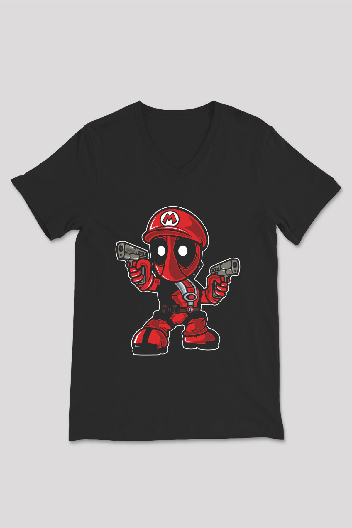Mario Deadpool Baskılı Siyah Unisex V Yaka Tişört