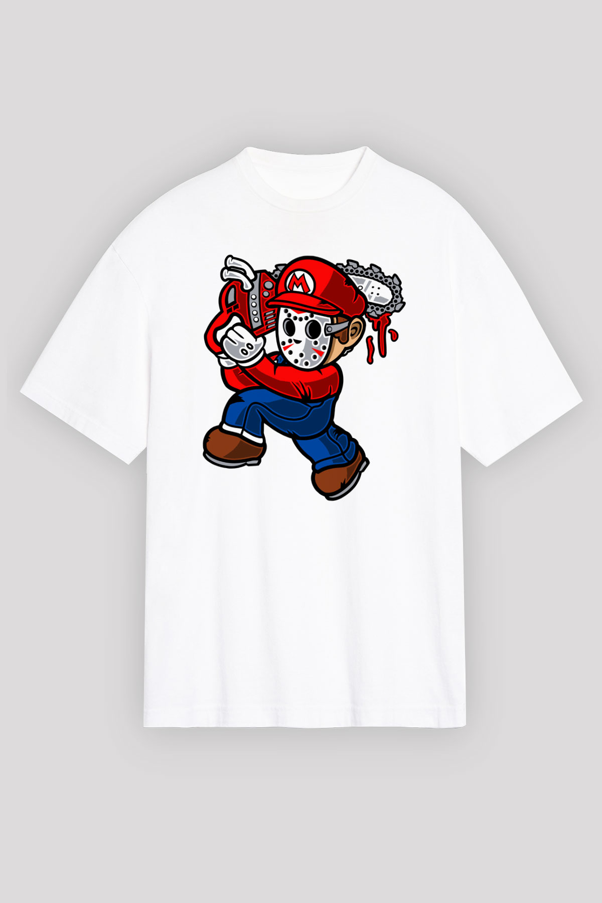 Mario Massacre Baskılı Beyaz Unisex Oversize Tişört