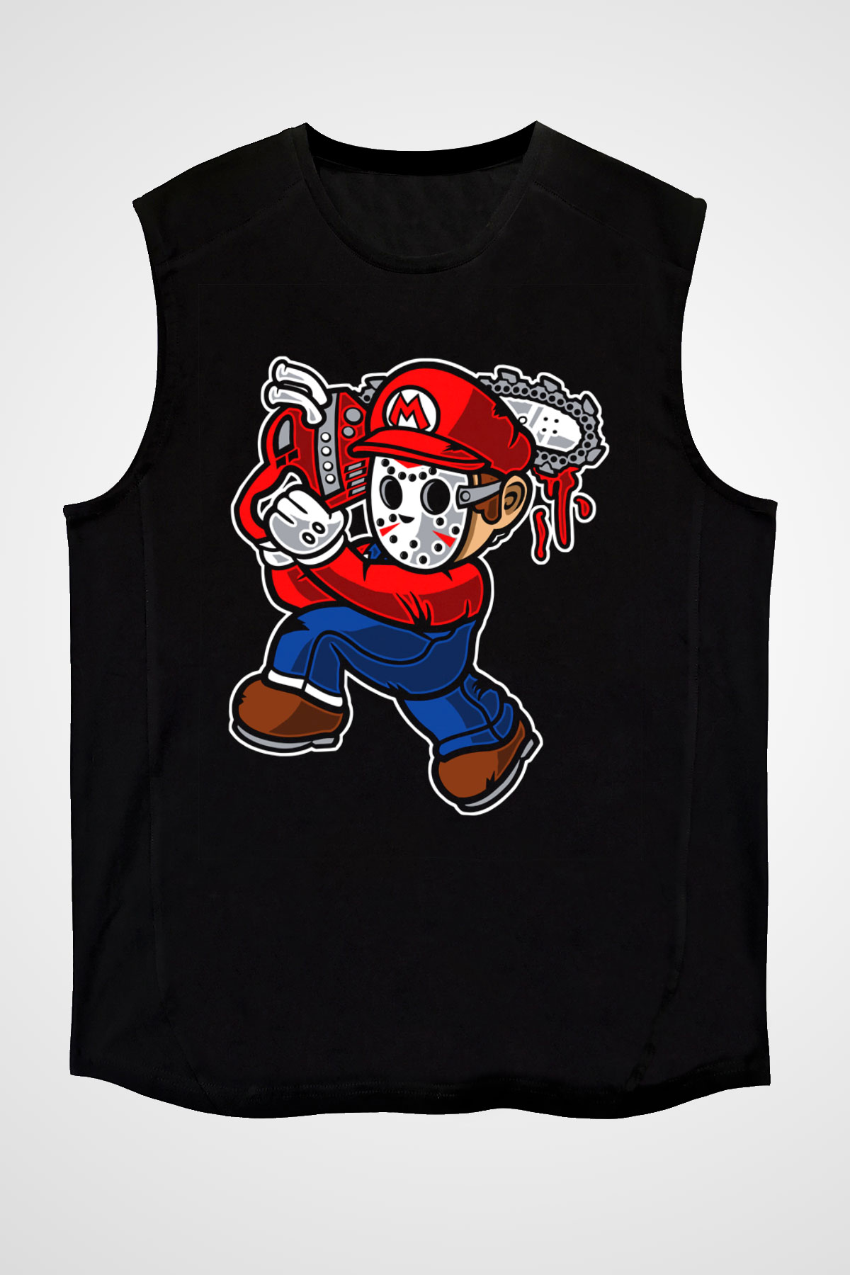 Mario Massacre Baskılı Siyah Unisex Kolsuz Tişört