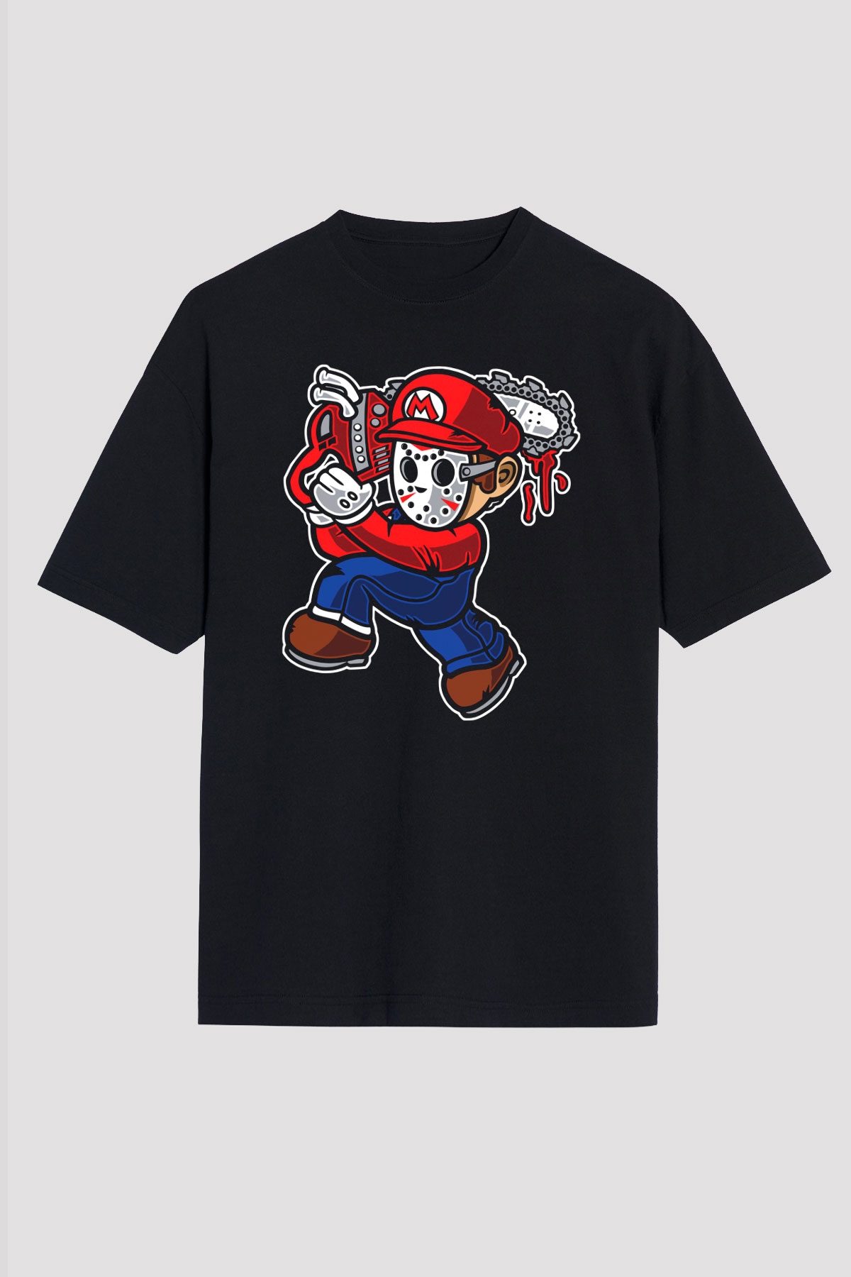 Mario Massacre Baskılı Siyah Unisex Oversize Tişört