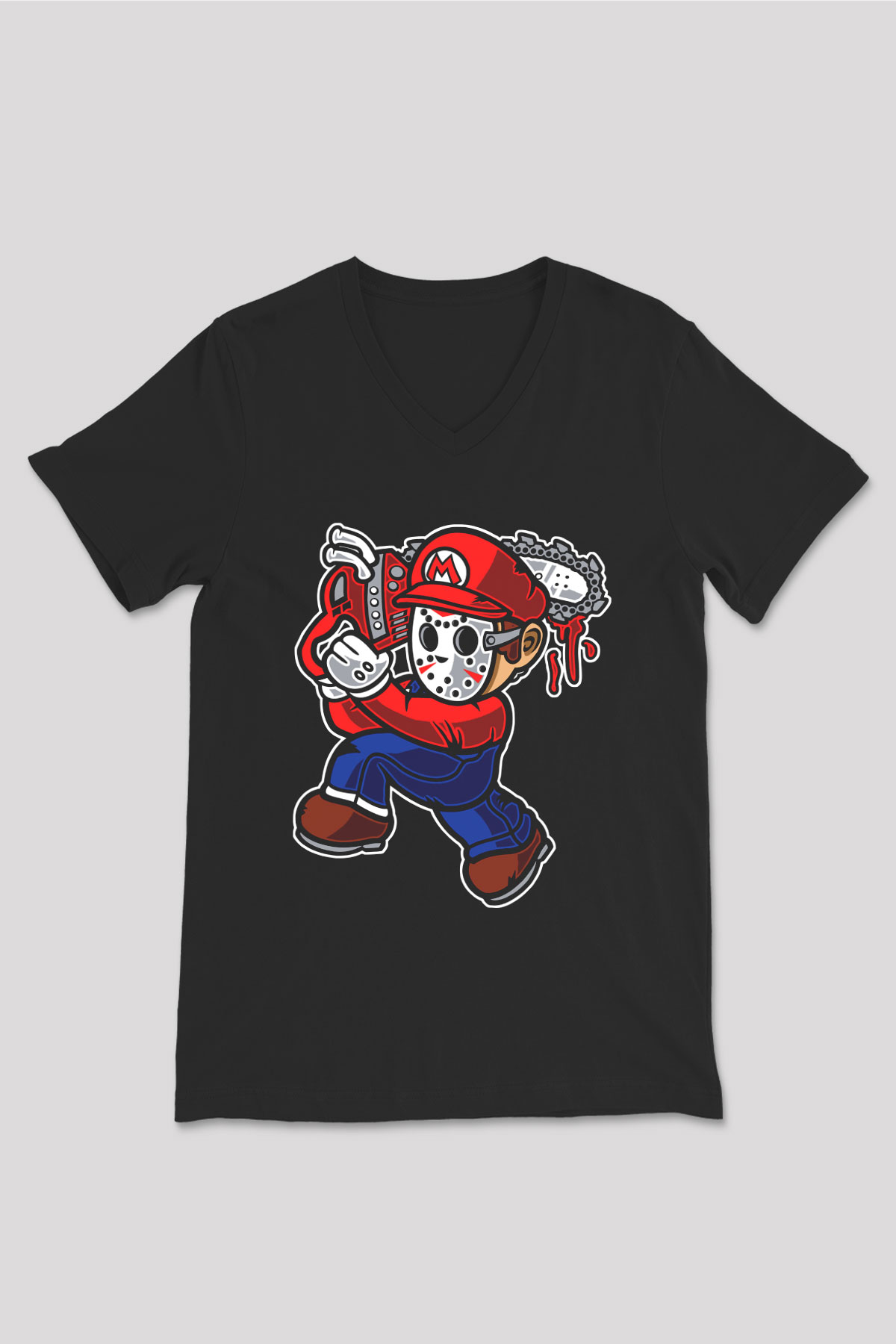 Mario Massacre Baskılı Siyah Unisex V Yaka Tişört