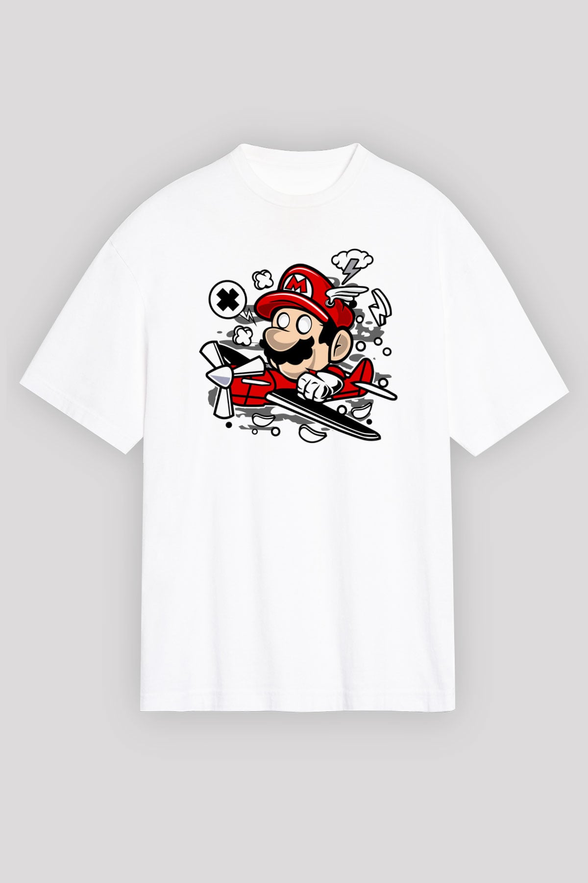 Mario Pilot Baskılı Beyaz Unisex Oversize Tişört