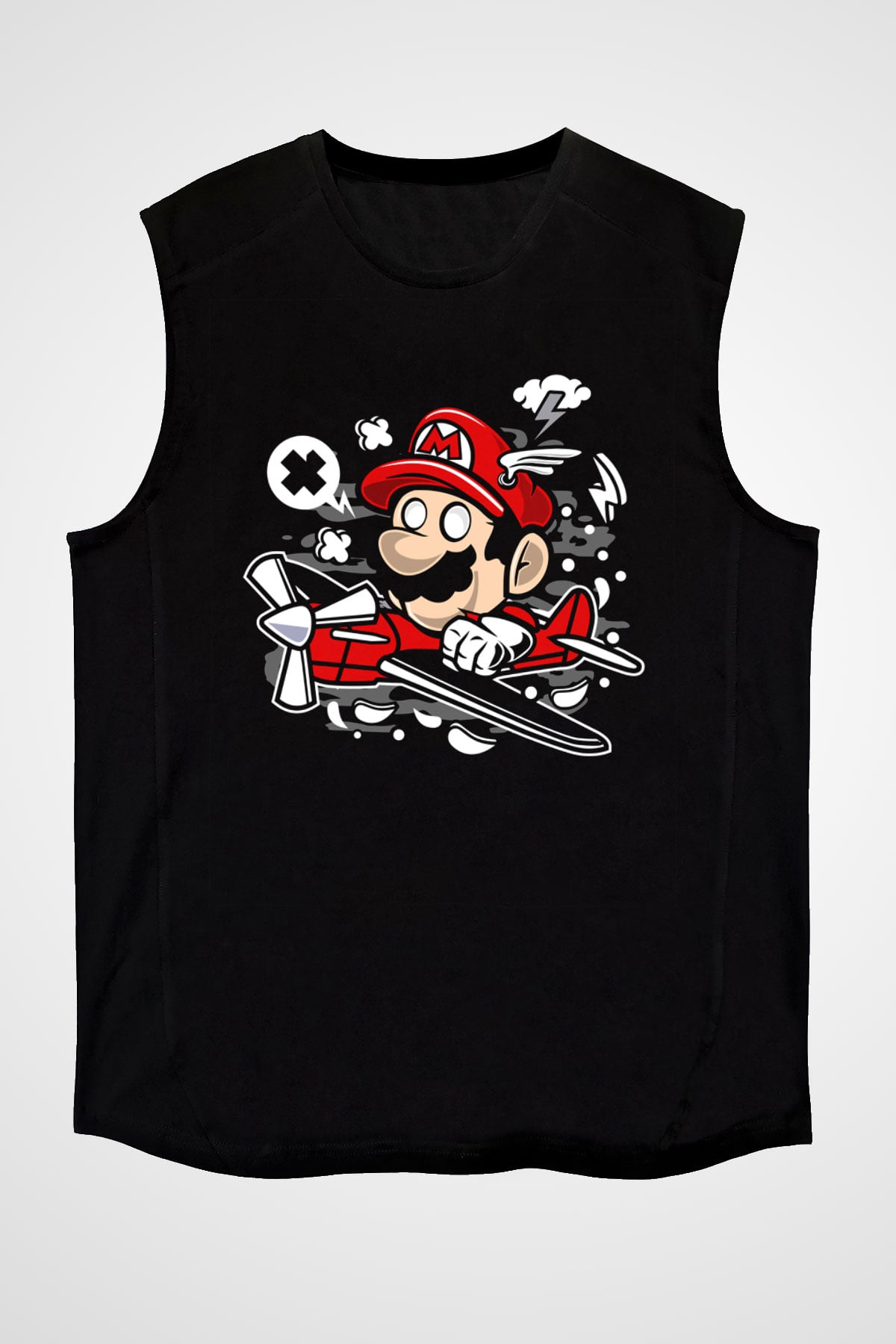 Mario Pilot Baskılı Siyah Unisex Kolsuz Tişört