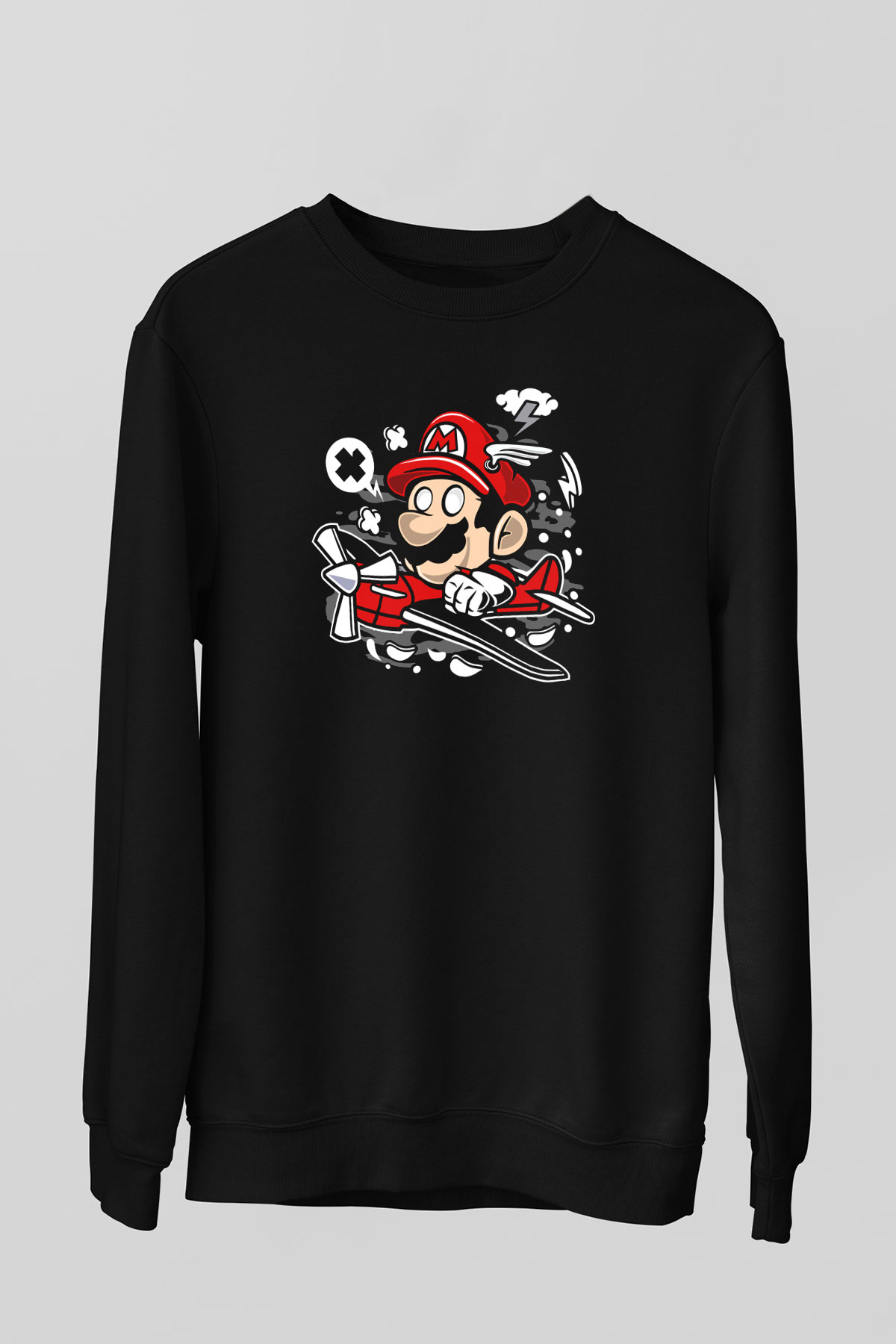 Mario Pilot Baskılı Siyah Unisex Sweatshirt