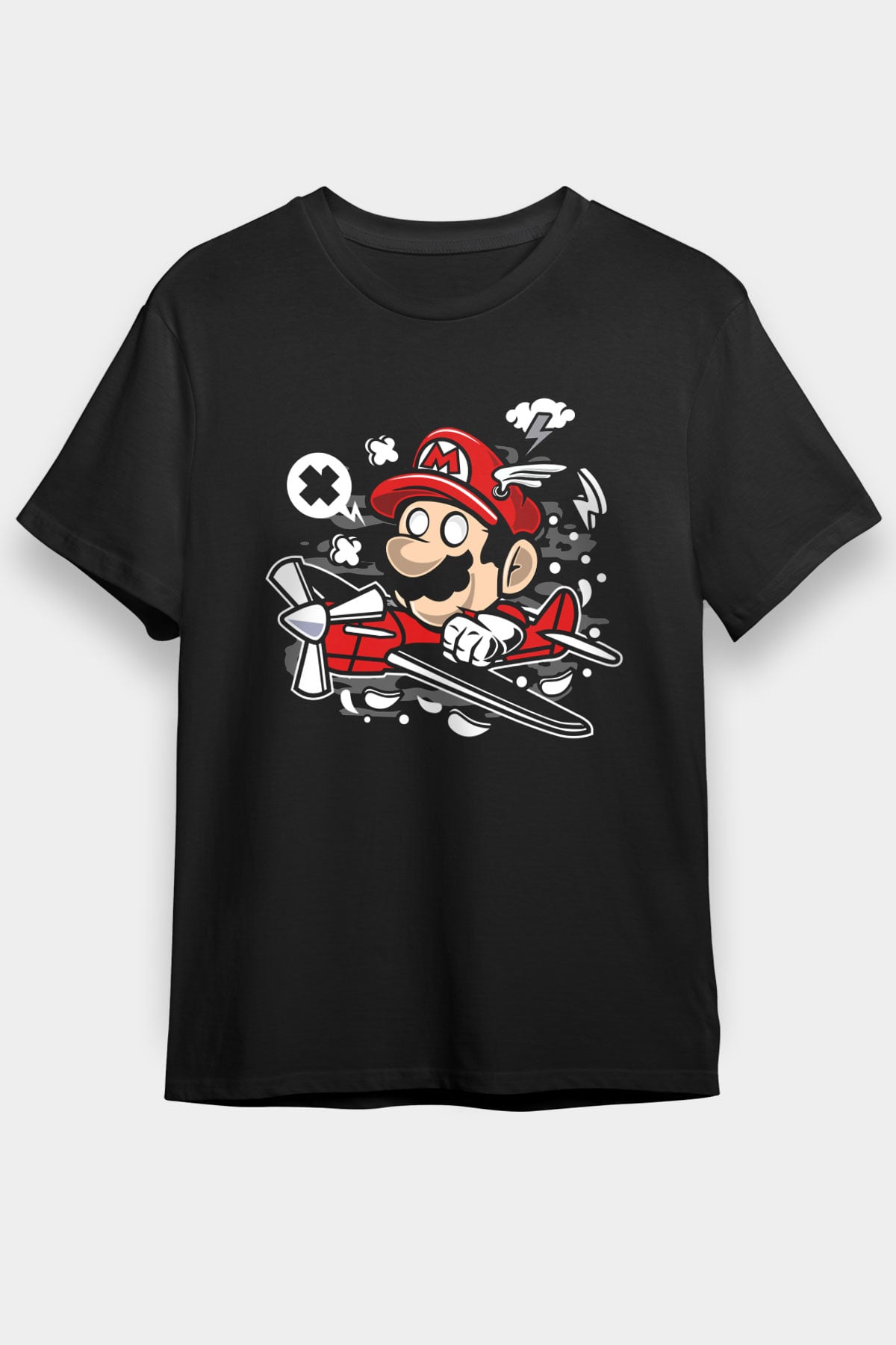 Mario Pilot Baskılı Siyah Unisex Tişört