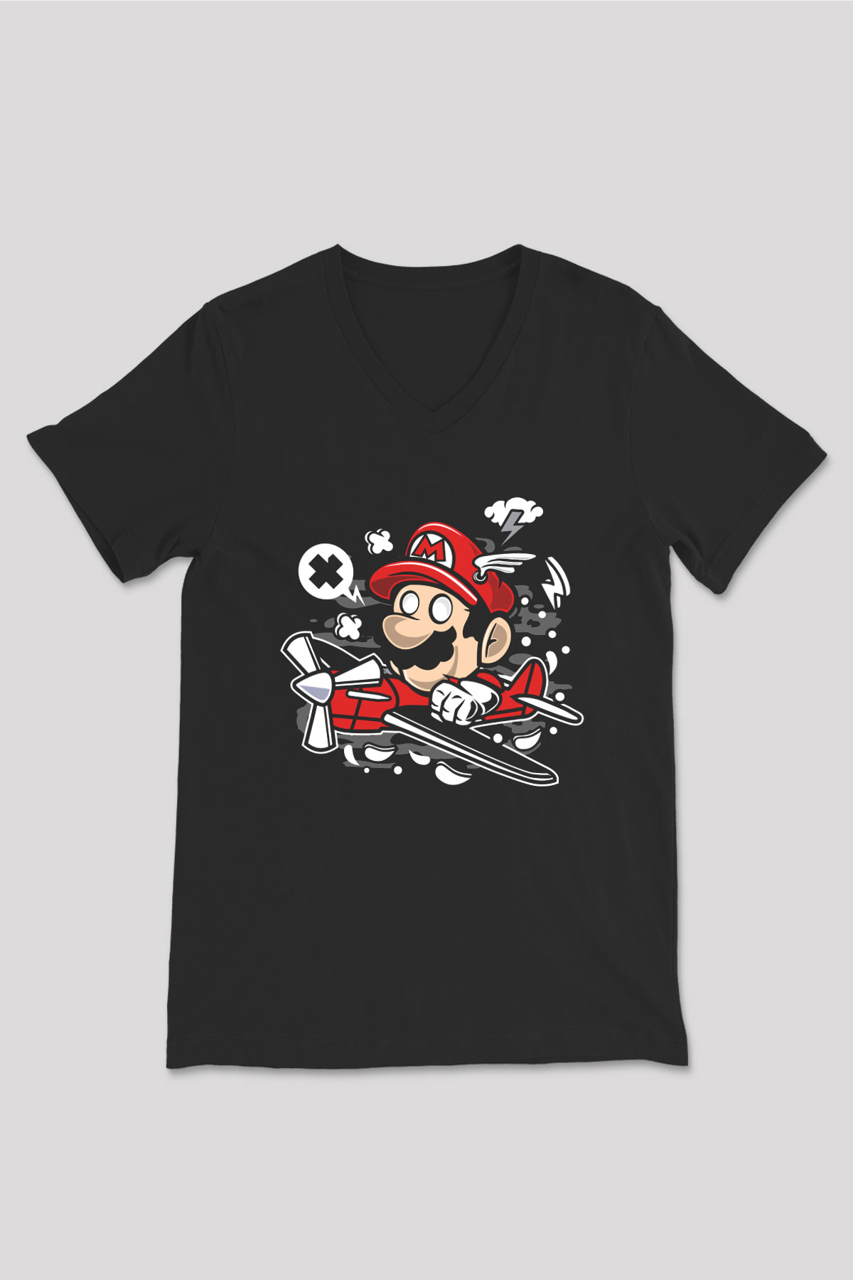 Mario Pilot Baskılı Siyah Unisex V Yaka Tişört