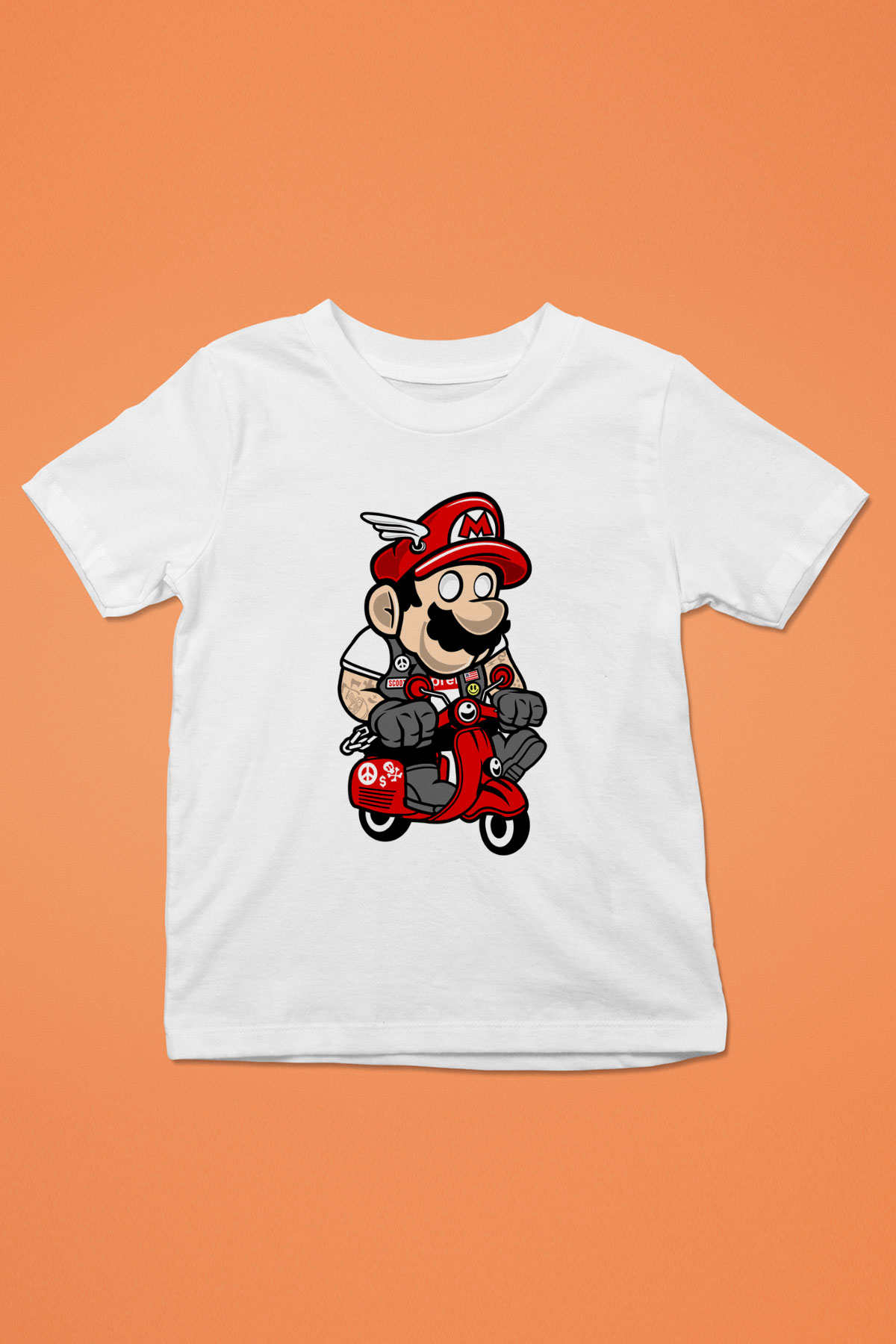 Mario Scooter Baskılı Beyaz Unisex Çocuk Tişört