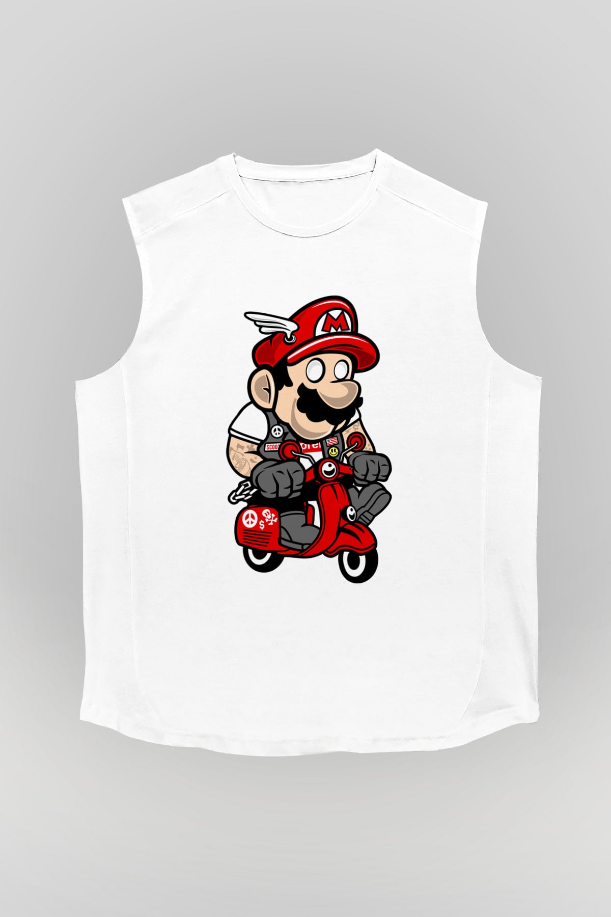Mario Scooter Baskılı Beyaz Unisex Kolsuz Tişört