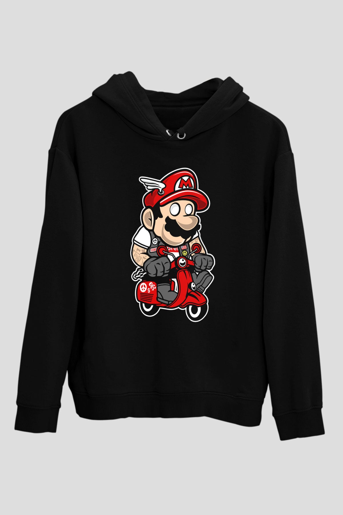 Mario Scooter Baskılı Siyah Unisex Hoodie