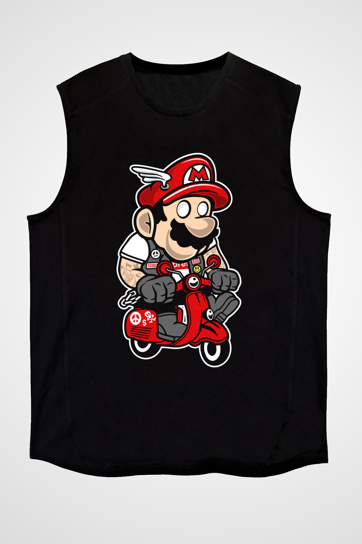 Mario Scooter Baskılı Siyah Unisex Kolsuz Tişört