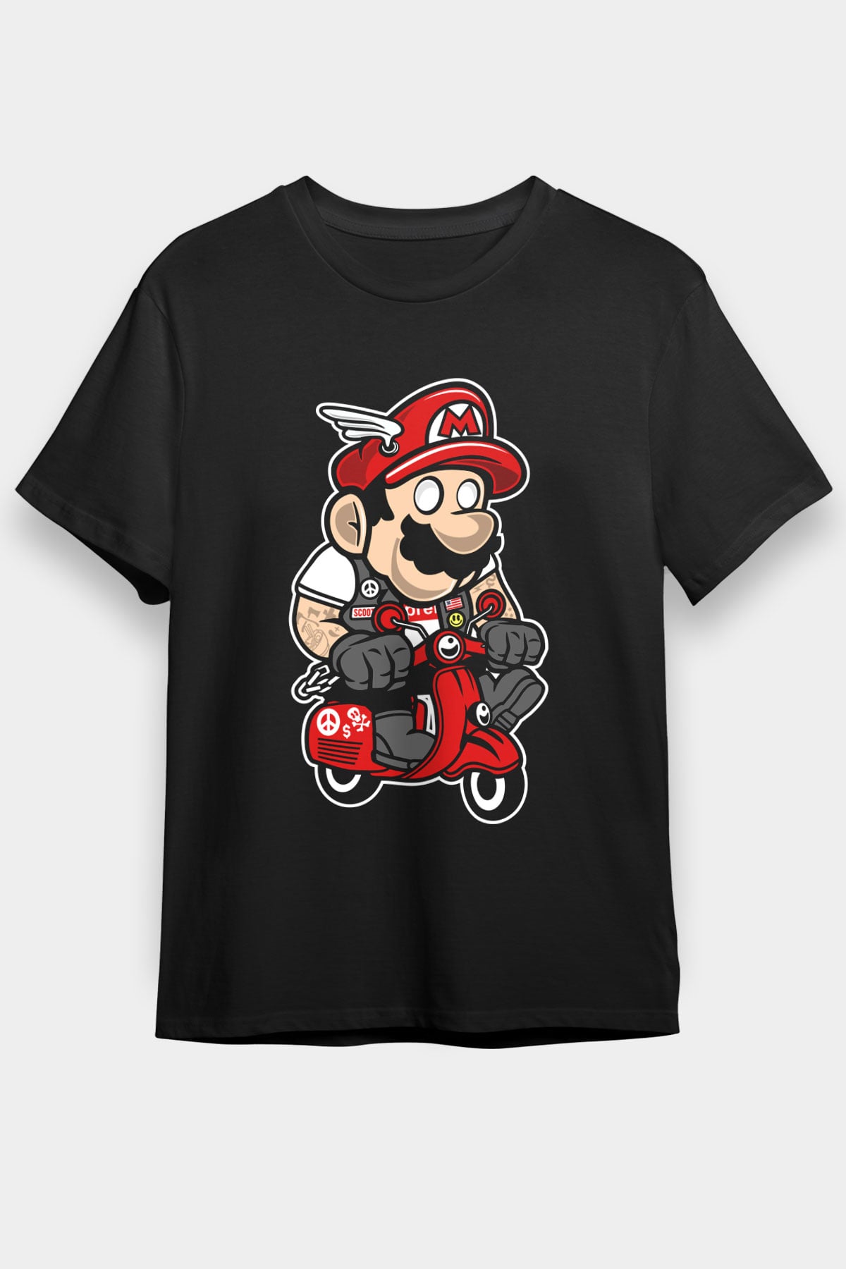 Mario Scooter Baskılı Siyah Unisex Tişört