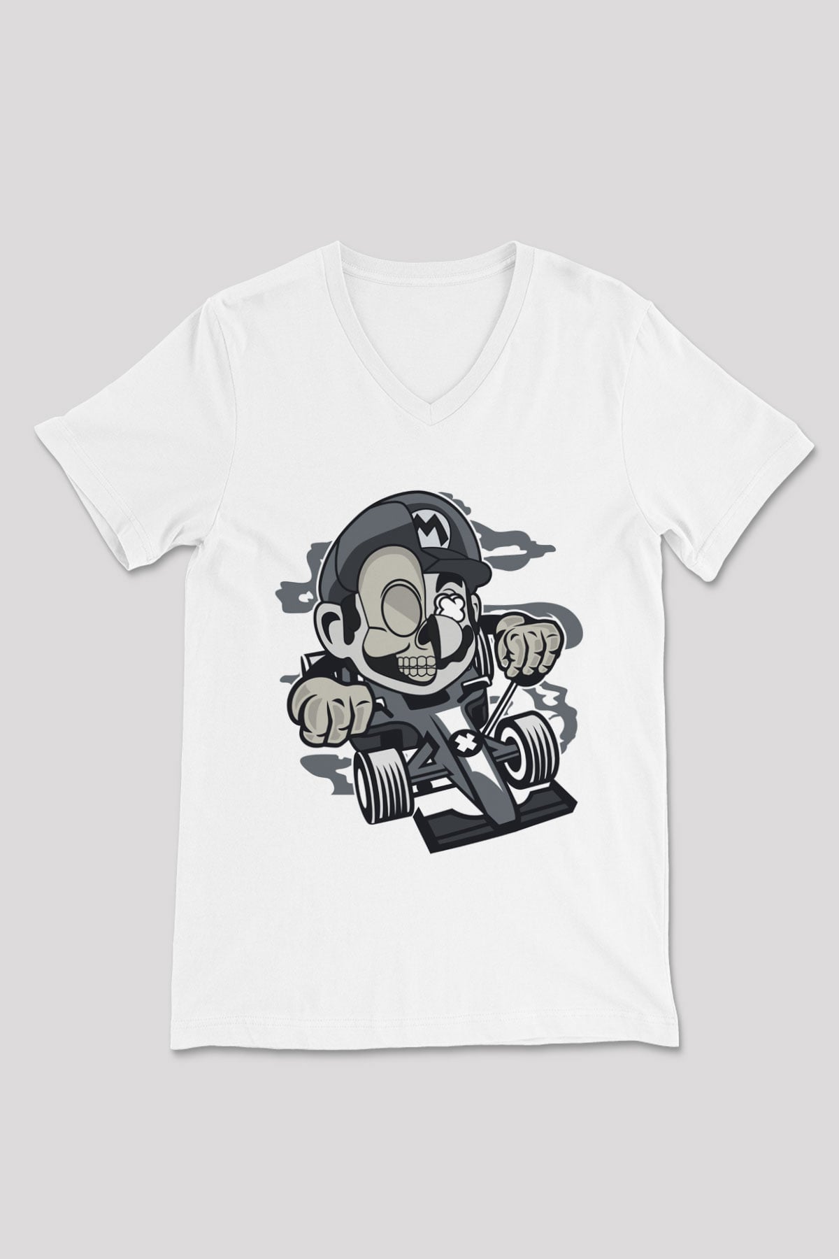 Mario Skull Karting Racer Baskılı Beyaz Unisex V Yaka Tişört