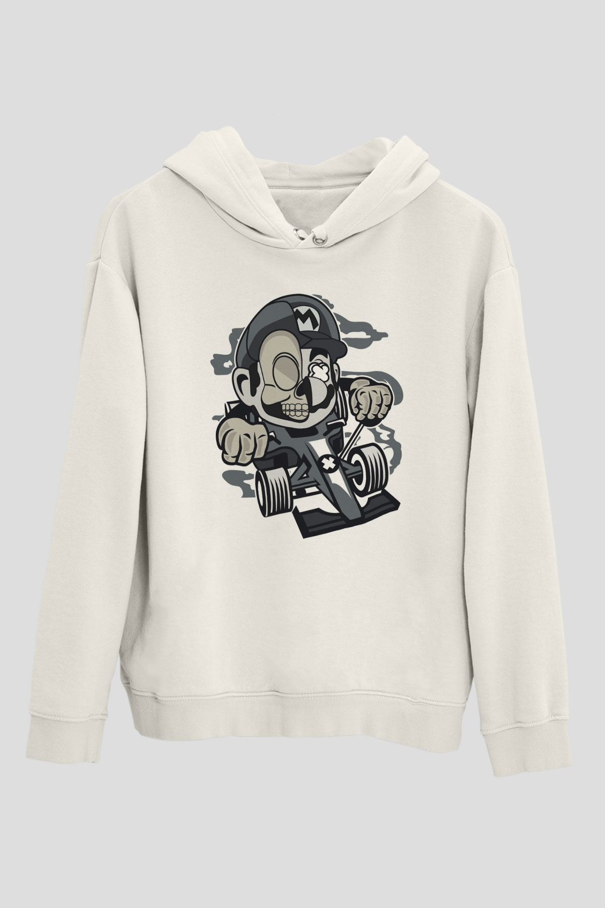 Mario Skull Karting Racer Baskılı Beyaz Unisex Hoodie