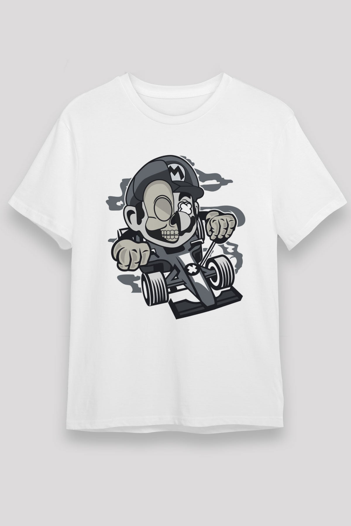 Mario Skull Karting Racer Baskılı Beyaz Unisex Tişört