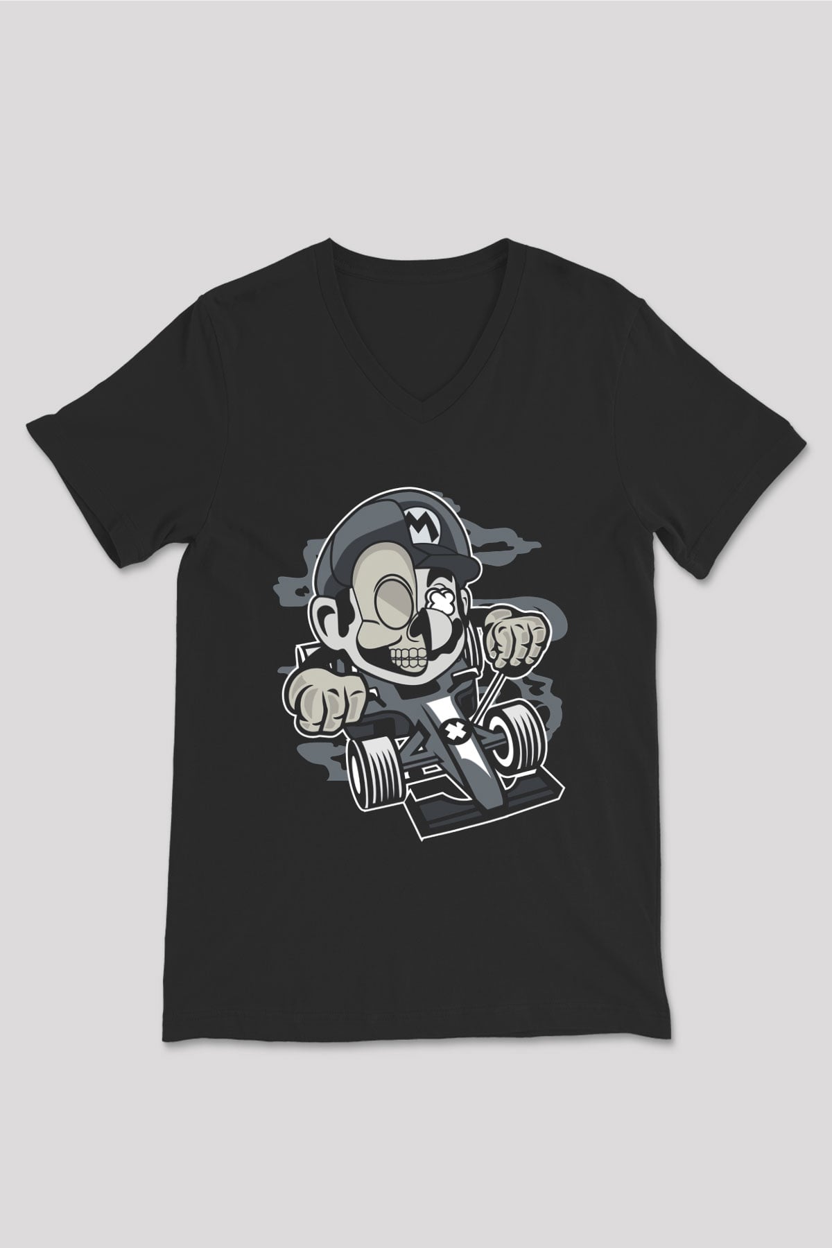 Mario Skull Karting Racer Baskılı Siyah Unisex V Yaka Tişört