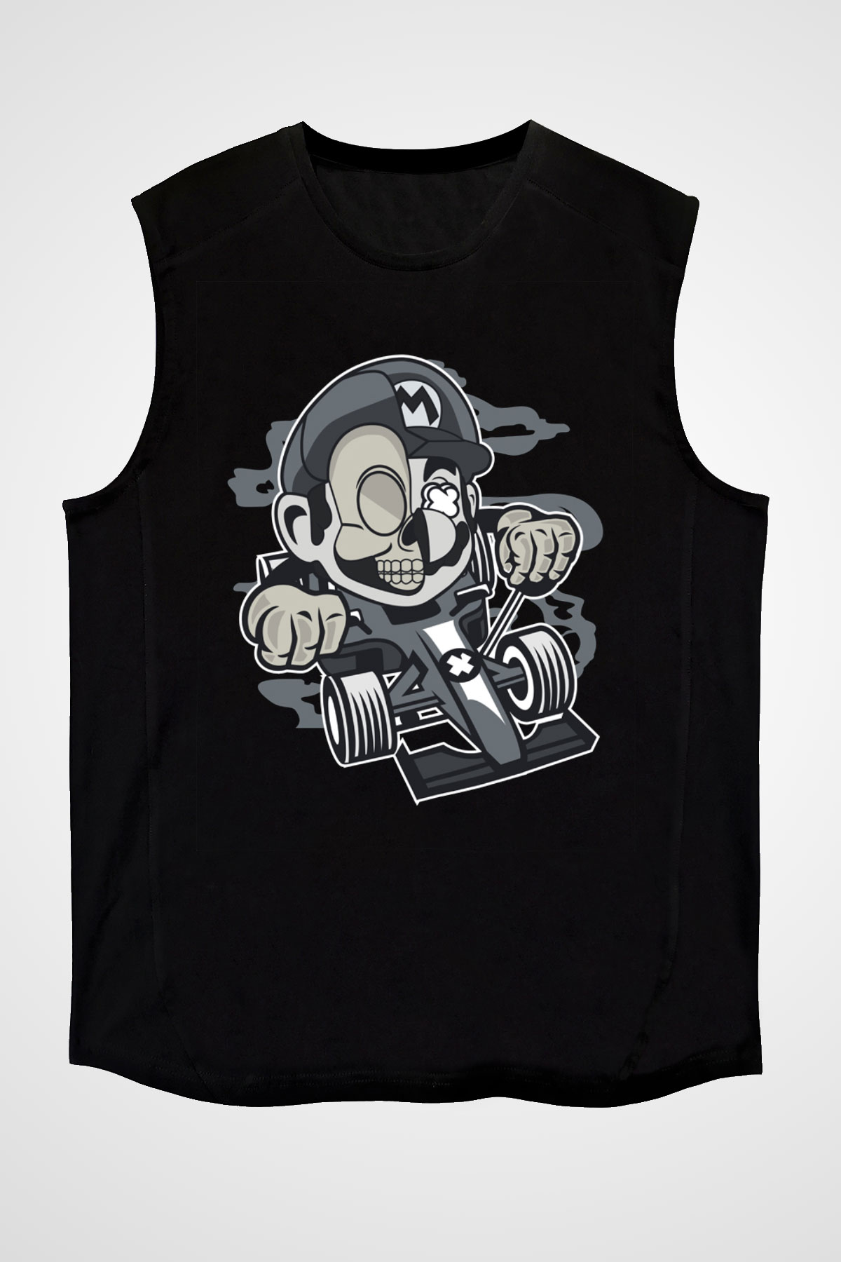 Mario Skull Karting Racer Baskılı Siyah Unisex Kolsuz Tişört