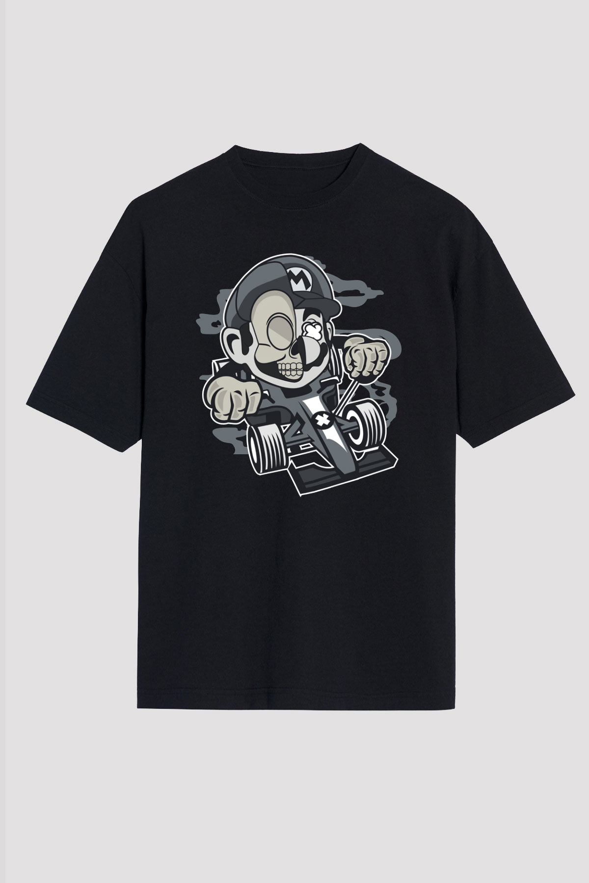 Mario Skull Karting Racer Baskılı Siyah Unisex Oversize Tişört