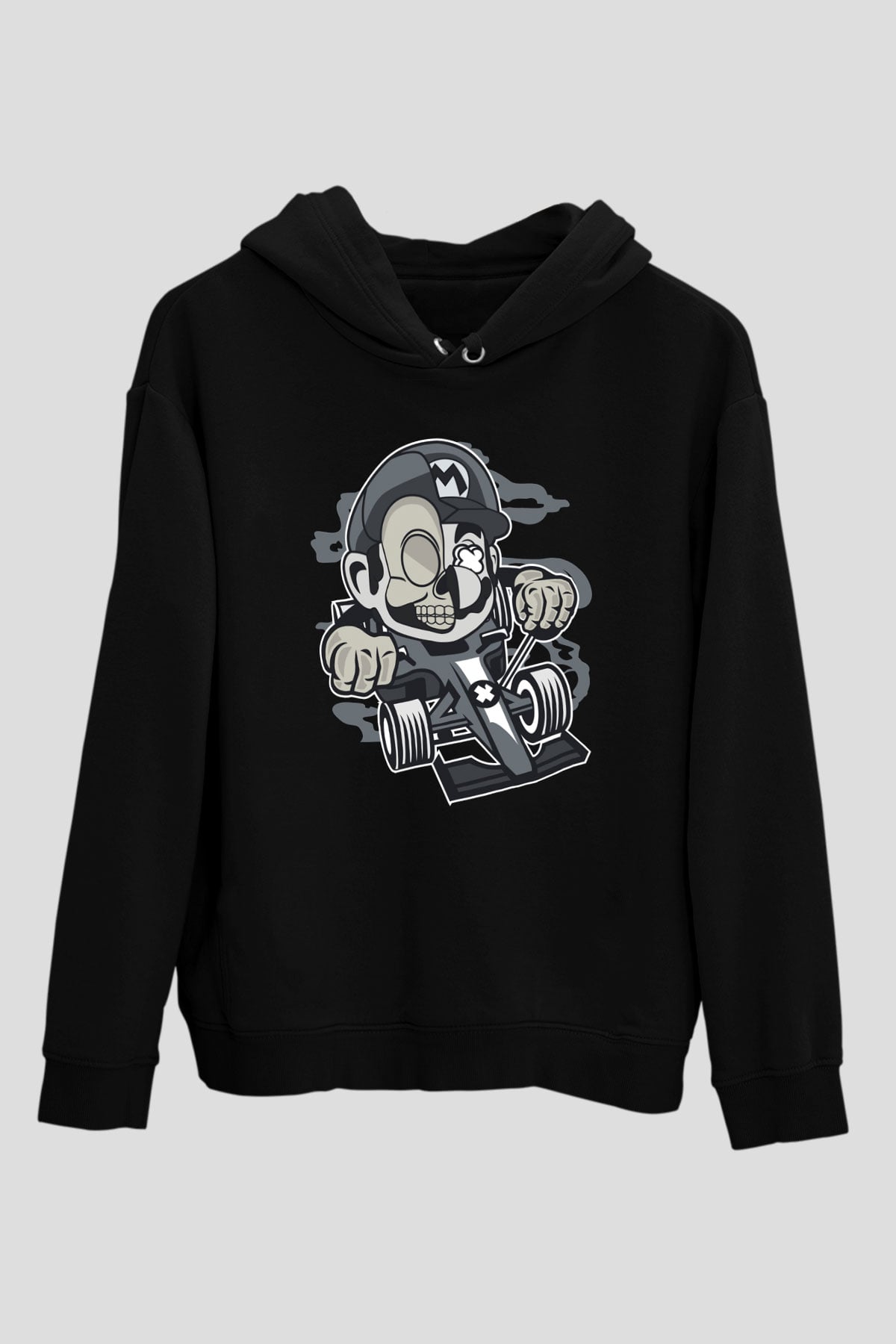 Mario Skull Karting Racer Baskılı Siyah Unisex Hoodie