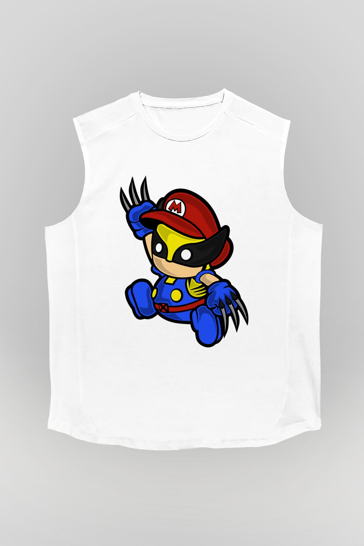 Mario Wolverine Baskılı Beyaz Unisex Kolsuz Tişört