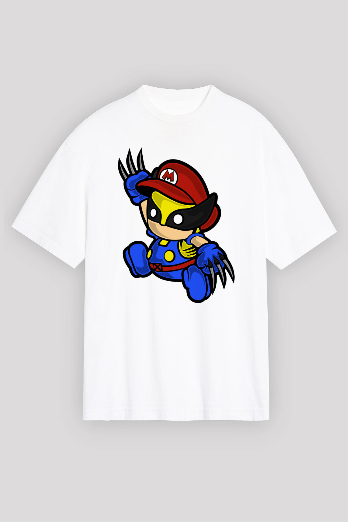 Mario Wolverine Baskılı Beyaz Unisex Oversize Tişört