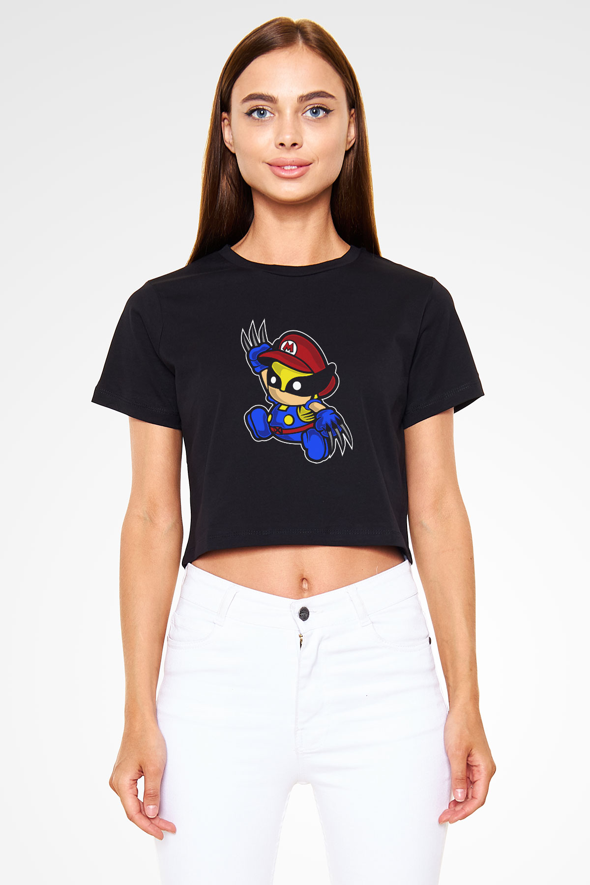 Mario Wolverine Baskılı Siyah Kadın Crop Top Tişört