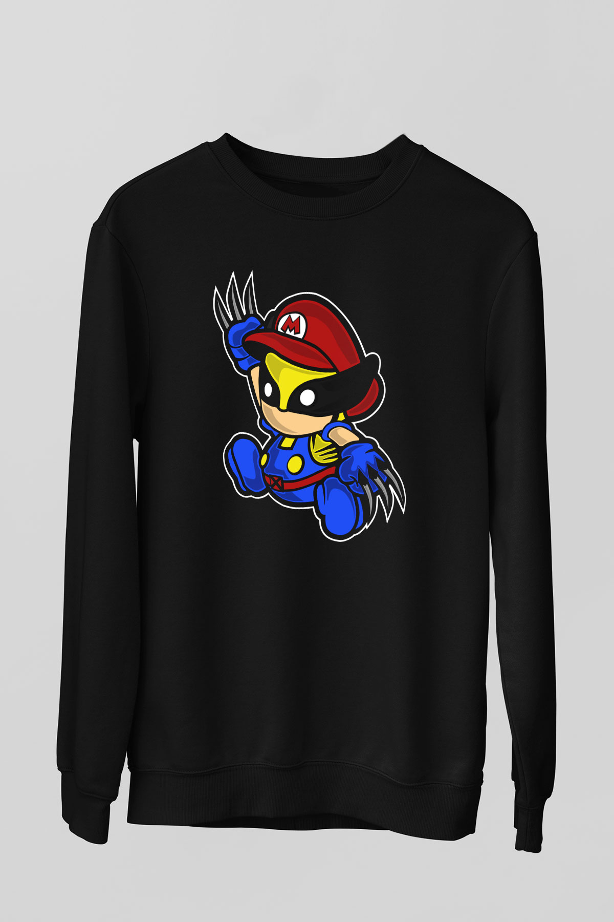 Mario Wolverine Baskılı Siyah Unisex Sweatshirt