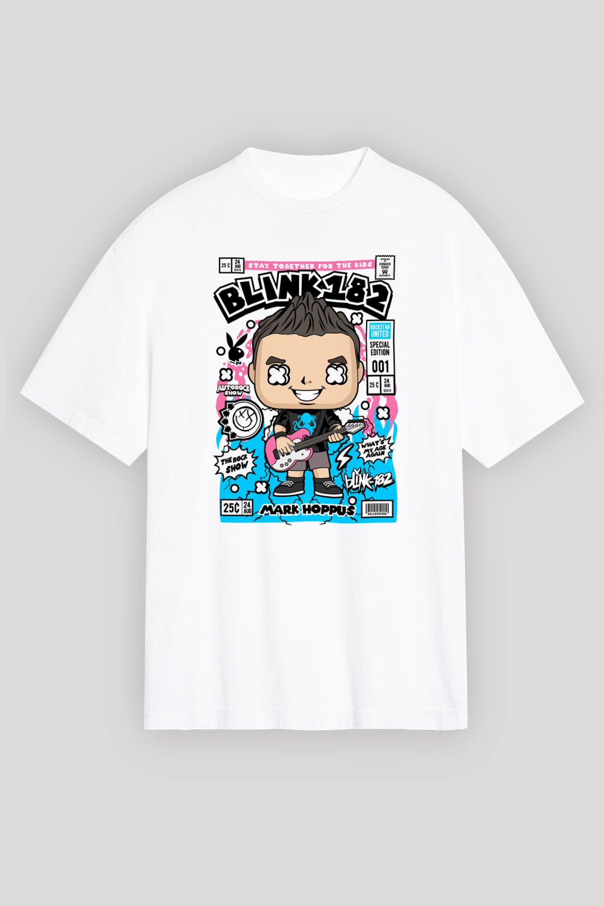Mark Hoppus Blink 182 Baskılı Unisex Beyaz Oversize Tişört