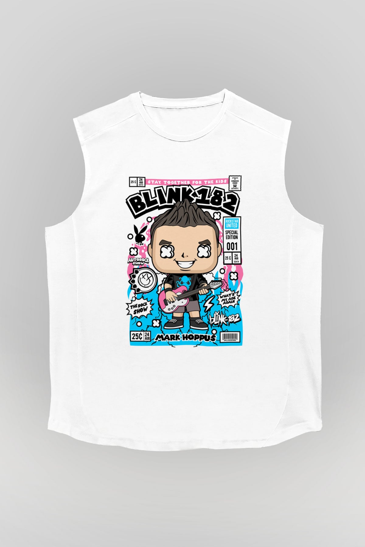 Mark Hoppus Blink 182 Baskılı Unisex Beyaz Kolsuz Tişört