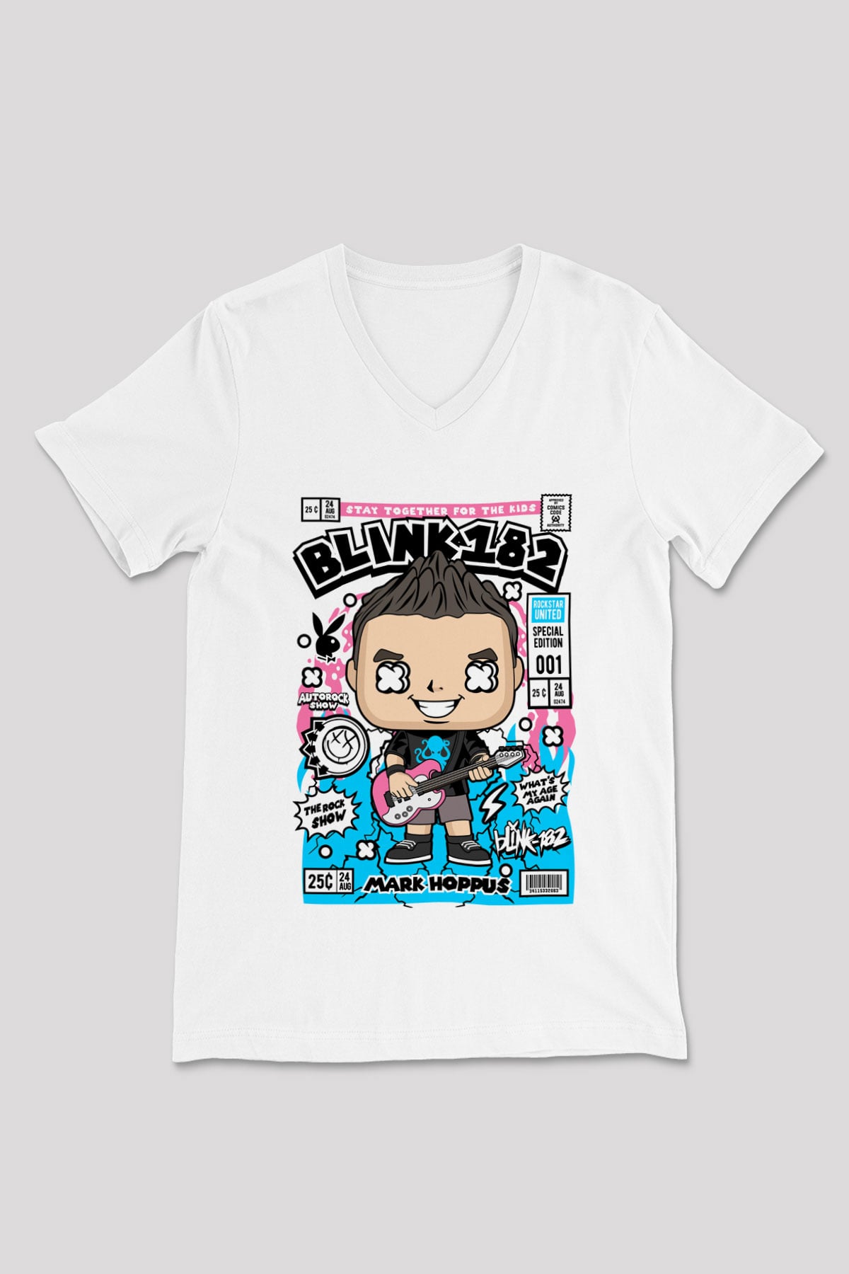 Mark Hoppus Blink 182 Baskılı Unisex Beyaz V Yaka Tişört