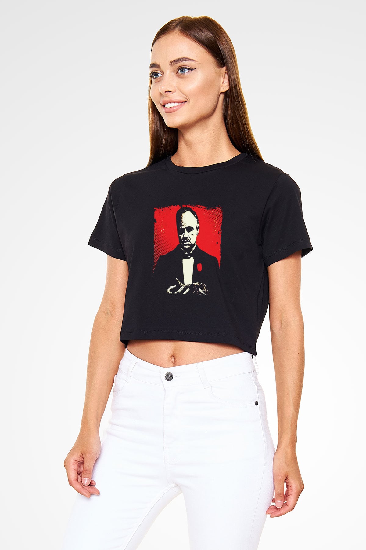 Marlon Brando Baskılı Siyah Kadın Crop Top Tişört